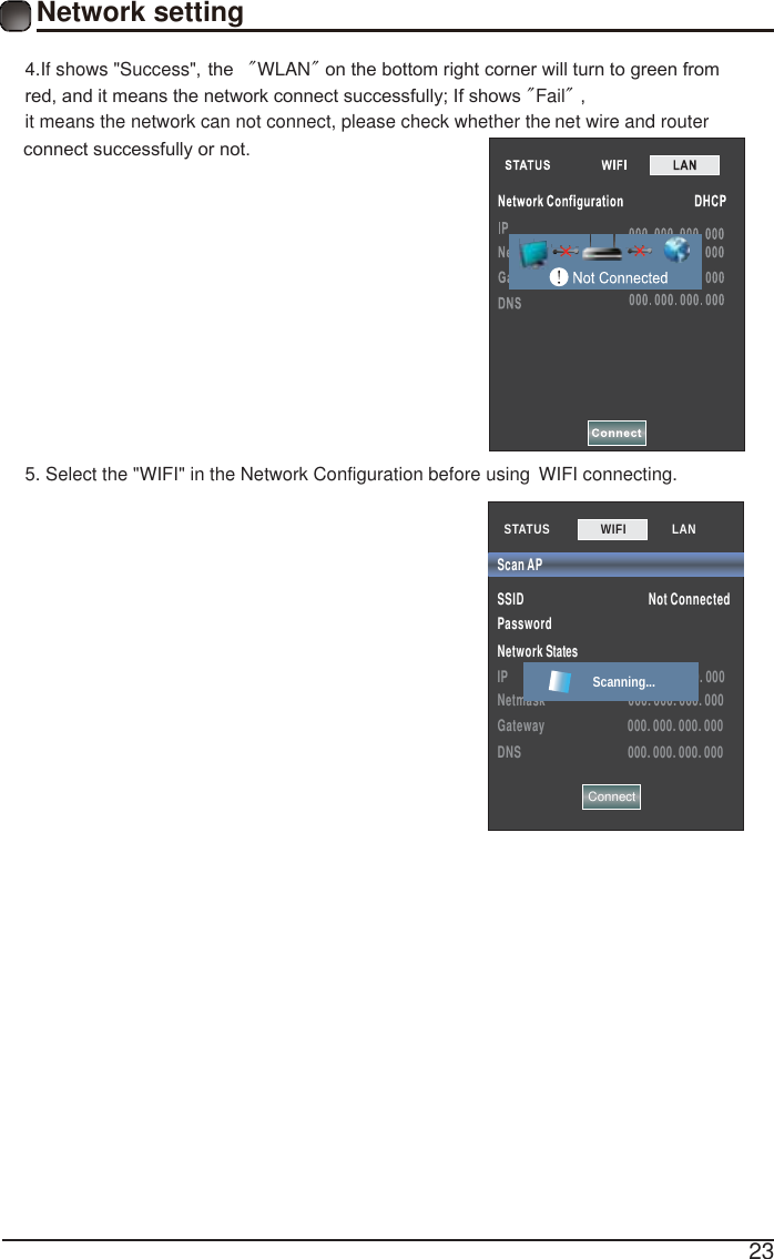 234.If shows "Success"웍WKHWLANRQWKHERWWRPULJKWFRUQHUZLOOWXUQWRJUHHQIURPUHGDQGLWPHDQVWKHQHWZRUNFRQQHFWVXFFHVVIXOO\,IVKRZVFail웍it means the network can not connect, please check whether the net wire and routerFRQQHFWVXFFHVVIXOO\RUQRW5. Select the "WIFI" in the Network Configuration before using  WIFI connecting.STATUS         SSID                                          Not ConnectedPassword Network StatesIP                                         000. 000. 000. 000Netmask                            000. 000. 000. 000Gateway                            000. 000. 000. 000DNS                                    000. 000. 000. 000Scan APWIFI             LAN        Scanning...ConnectNetwork setting 
