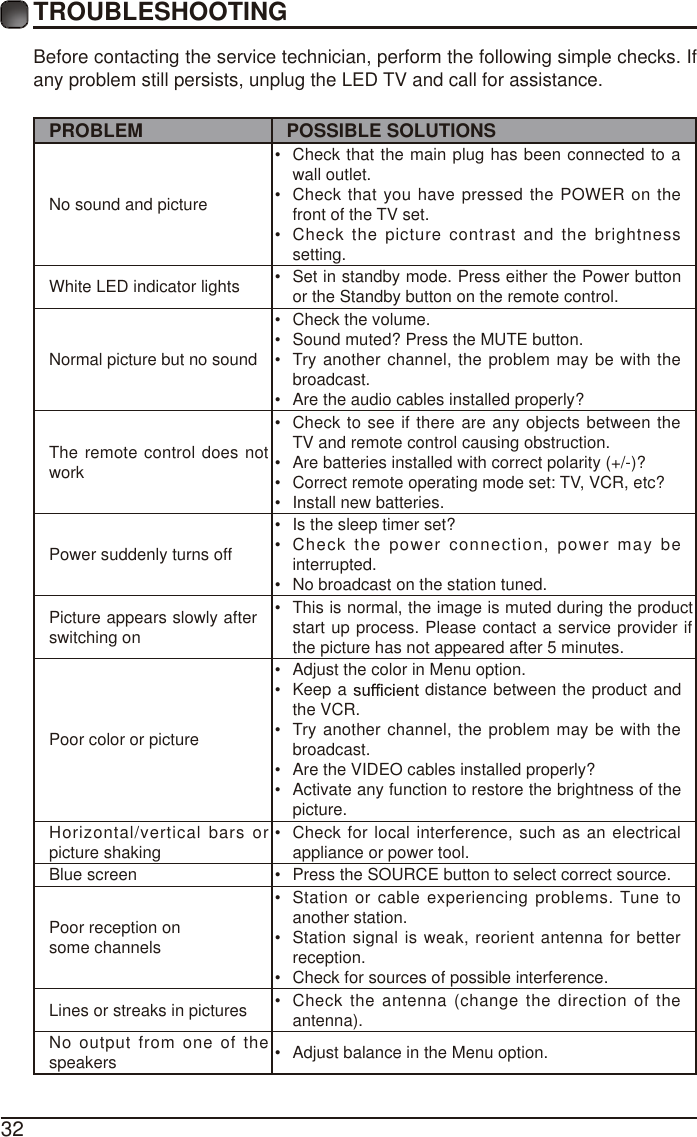 32Before contacting the service technician, perform the following simple checks. If any problem still persists, unplug the LED TV and call for assistance.PROBLEM POSSIBLE SOLUTIONSNo sound and picture&bull;  Check that the main plug has been connected to a wall outlet.&bull;  Check that you have pressed the POWER on the front of the TV set.&bull;  Check the picture contrast and the brightness setting.White LED indicator lights &bull;  Set in standby mode. Press either the Power button or the Standby button on the remote control. Normal picture but no sound&bull;  Check the volume.&bull;  Sound muted? Press the MUTE button. &bull;  Try another channel, the problem may be with the broadcast. &bull;  Are the audio cables installed properly? The remote control does not work&bull;  Check to see if there are any objects between the TV and remote control causing obstruction. &bull;  Are batteries installed with correct polarity (+/-)?&bull;  Correct remote operating mode set: TV, VCR, etc?&bull;  Install new batteries. Power suddenly turns off &bull;  Is the sleep timer set?&bull;  Check the power connection, power may be interrupted. &bull;  No broadcast on the station tuned. Picture appears slowly after switching on &bull;  This is normal, the image is muted during the product start up process. Please contact a service provider if the picture has not appeared after 5 minutes. Poor color or picture&bull;  Adjust the color in Menu option.&bull; Keep a   distance between the product and the VCR.&bull;  Try another channel, the problem may be with the broadcast.&bull;  Are the VIDEO cables installed properly?&bull;  Activate any function to restore the brightness of the picture.Horizontal/vertical bars or picture shaking &bull;  Check for local interference, such as an electrical appliance or power tool.Blue screen  &bull;  Press the SOURCE button to select correct source.Poor reception on some channels&bull;  Station or cable experiencing problems. Tune to another station.&bull;  Station signal is weak, reorient antenna for better reception.&bull;  Check for sources of possible interference. Lines or streaks in pictures &bull;  Check the antenna (change the direction of the antenna).No output from one of the speakers &bull;  Adjust balance in the Menu option.TROUBLESHOOTING