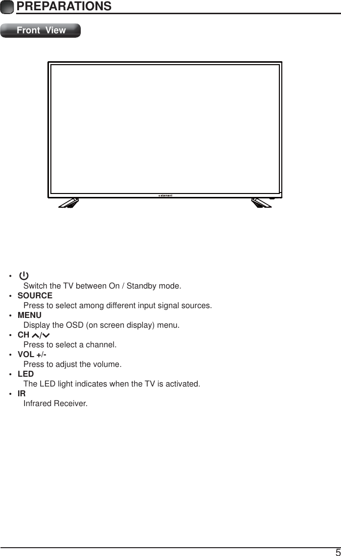 5PREPARATIONS Front  View&bull;  Switch the TV between On / Standby mode.&bull; SOURCEPress to select among different input signal sources.&bull; MENUDisplay the OSD (on screen display) menu.&bull; CH Press to select a channel.&bull; VOL +/-Press to adjust the volume.&bull; LEDThe LED light indicates when the TV is activated.&bull; IRInfrared Receiver.15.9952