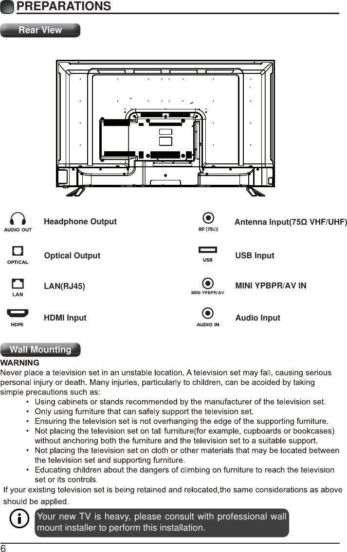 6PREPARATIONS Rear ViewYour new TV is heavy, please consult with professional wall mount installer to perform this installation. Wall MountingHeadphone OutputHDMI InputAntenna ,QSXWȍ VHF/UHF)Optical Output USB InputAudio InputMINI YPBPR/AV MINI YPBPR/AV INLAN(RJ45)