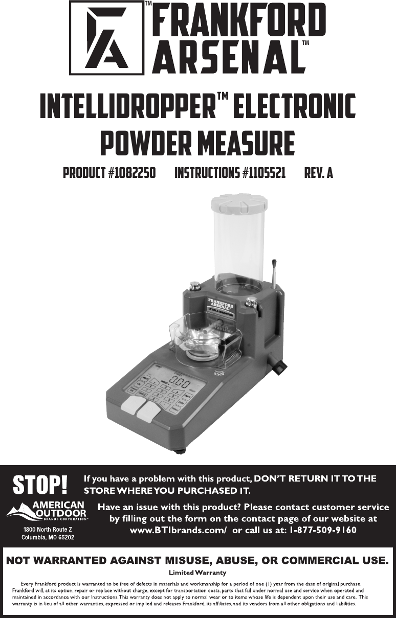 INTELLIDROPPER™ ELECTRONIC POWDER MEASUREProduct #1082250          Instructions #1105521          Rev. A