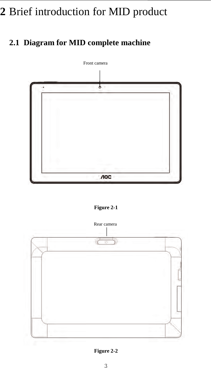   2 Brief introduction for MID product 2.1 Diagram for MID complete machine      Figure 2-1    Figure 2-2 Front camera Rear camera   3 