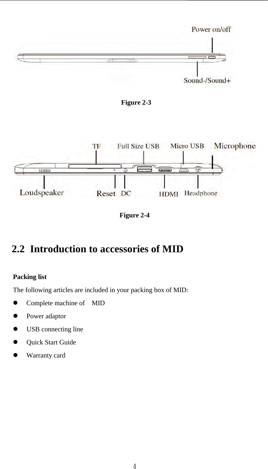        Figure 2-3      Figure 2-4 2.2 Introduction to accessories of MID Packing list The following articles are included in your packing box of MID:  Complete machine of  MID  Power adaptor  USB connecting line  Quick Start Guide  Warranty card      4 