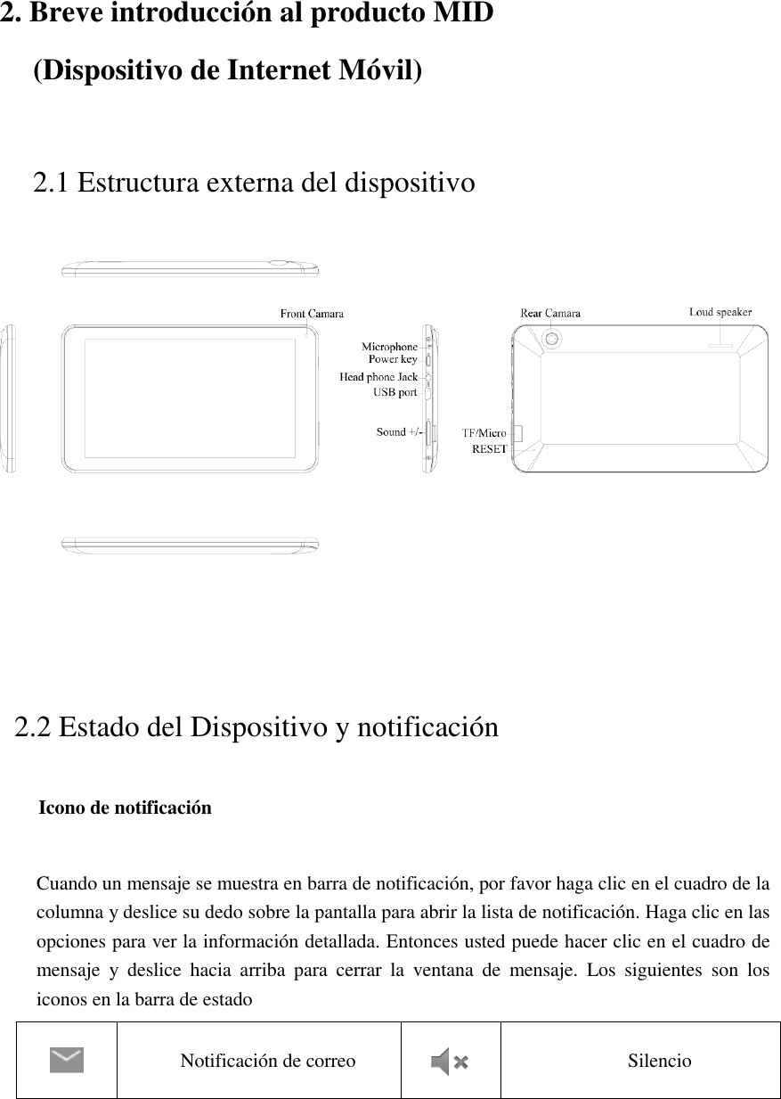  2. Breve introducción al producto MID       (Dispositivo de Internet Móvil) 2.1 Estructura externa del dispositivo          2.2 Estado del Dispositivo y notificación Icono de notificación  Cuando un mensaje se muestra en barra de notificación, por favor haga clic en el cuadro de la columna y deslice su dedo sobre la pantalla para abrir la lista de notificación. Haga clic en las opciones para ver la información detallada. Entonces usted puede hacer clic en el cuadro de mensaje  y  deslice  hacia  arriba  para  cerrar  la  ventana  de  mensaje.  Los  siguientes  son  los iconos en la barra de estado  Notificación de correo  Silencio 