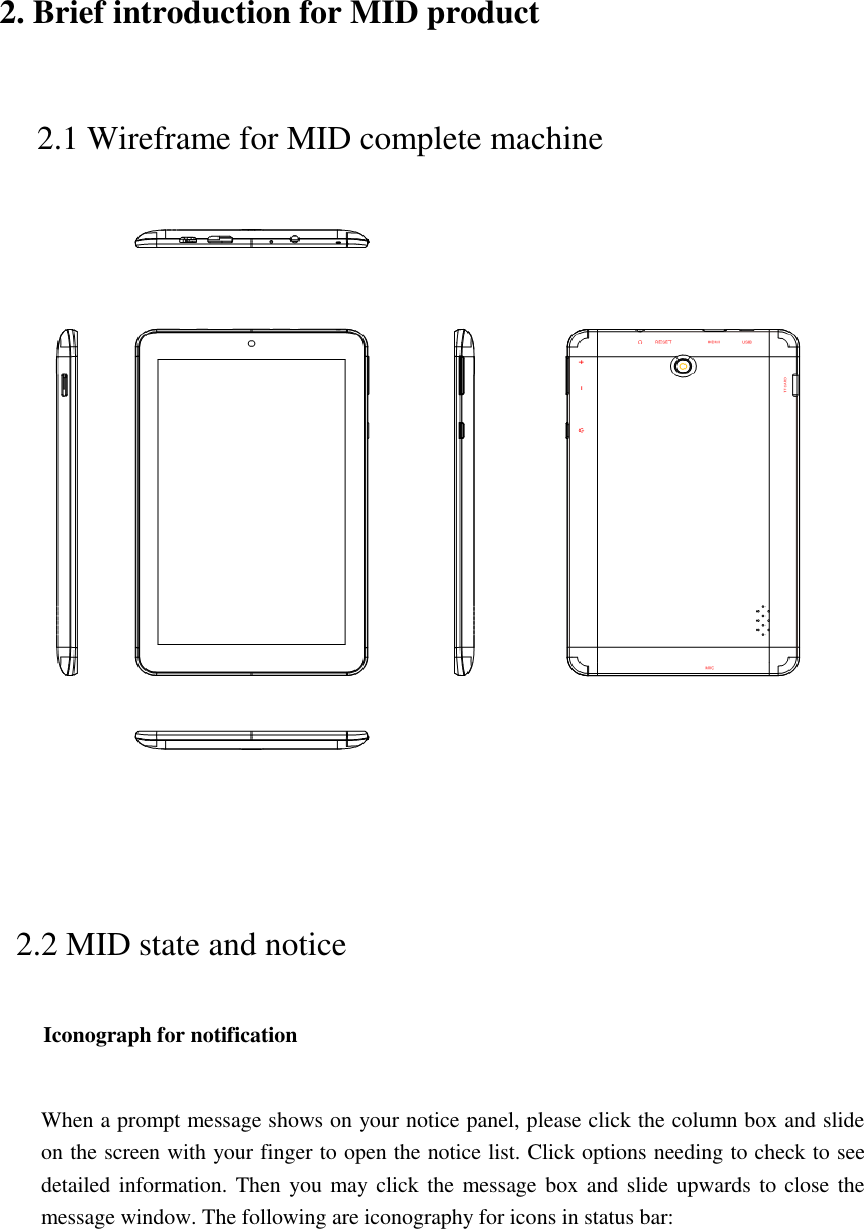  2. Brief introduction for MID product 2.1 Wireframe for MID complete machine        2.2 MID state and notice Iconograph for notification  When a prompt message shows on your notice panel, please click the column box and slide on the screen with your finger to open the notice list. Click options needing to check to see detailed information. Then you may click the message box  and slide upwards to close the message window. The following are iconography for icons in status bar: 