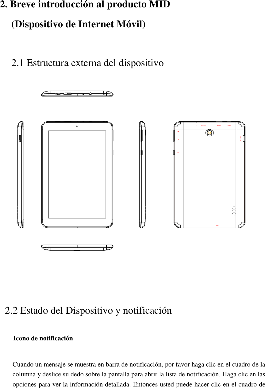  2. Breve introducción al producto MID       (Dispositivo de Internet Móvil) 2.1 Estructura externa del dispositivo          2.2 Estado del Dispositivo y notificación Icono de notificación  Cuando un mensaje se muestra en barra de notificación, por favor haga clic en el cuadro de la columna y deslice su dedo sobre la pantalla para abrir la lista de notificación. Haga clic en las opciones para ver la información detallada. Entonces usted puede hacer clic en el cuadro de 