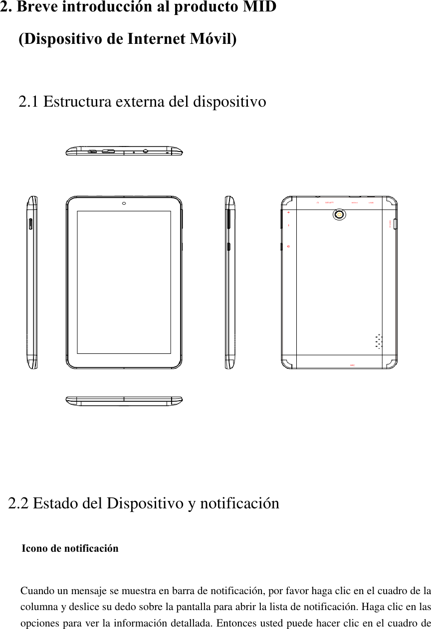  2. Breve introducción al producto MID       (Dispositivo de Internet Móvil) 2.1 Estructura externa del dispositivo          2.2 Estado del Dispositivo y notificación Icono de notificación  Cuando un mensaje se muestra en barra de notificación, por favor haga clic en el cuadro de la columna y deslice su dedo sobre la pantalla para abrir la lista de notificación. Haga clic en las opciones para ver la información detallada. Entonces usted puede hacer clic en el cuadro de 