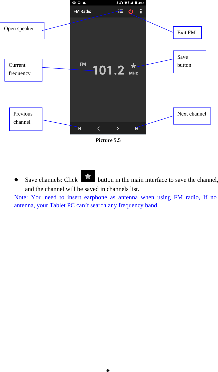 46Picture 5.5Save channels: Click button in the main interface to save the channel,and the channel will be saved in channels list.Note: You need to insert earphone as antenna when using FM radio, If noantenna, your Tablet PC can’t search any frequency band.Open speakerSavebuttonPreviouschannelNext channelCurrentfrequencyExit FM