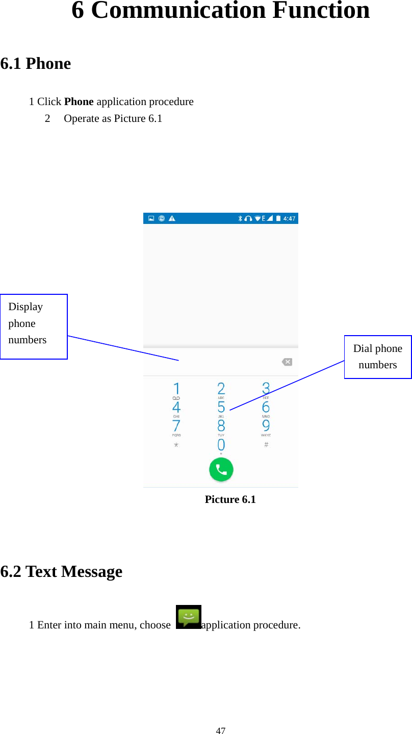 476 Communication Function6.1 Phone1ClickPhone application procedure2 Operate as Picture 6.1Picture 6.16.2 Text Message1 Enter into main menu, choose application procedure.Displayphonenumbers Dial phonenumbers