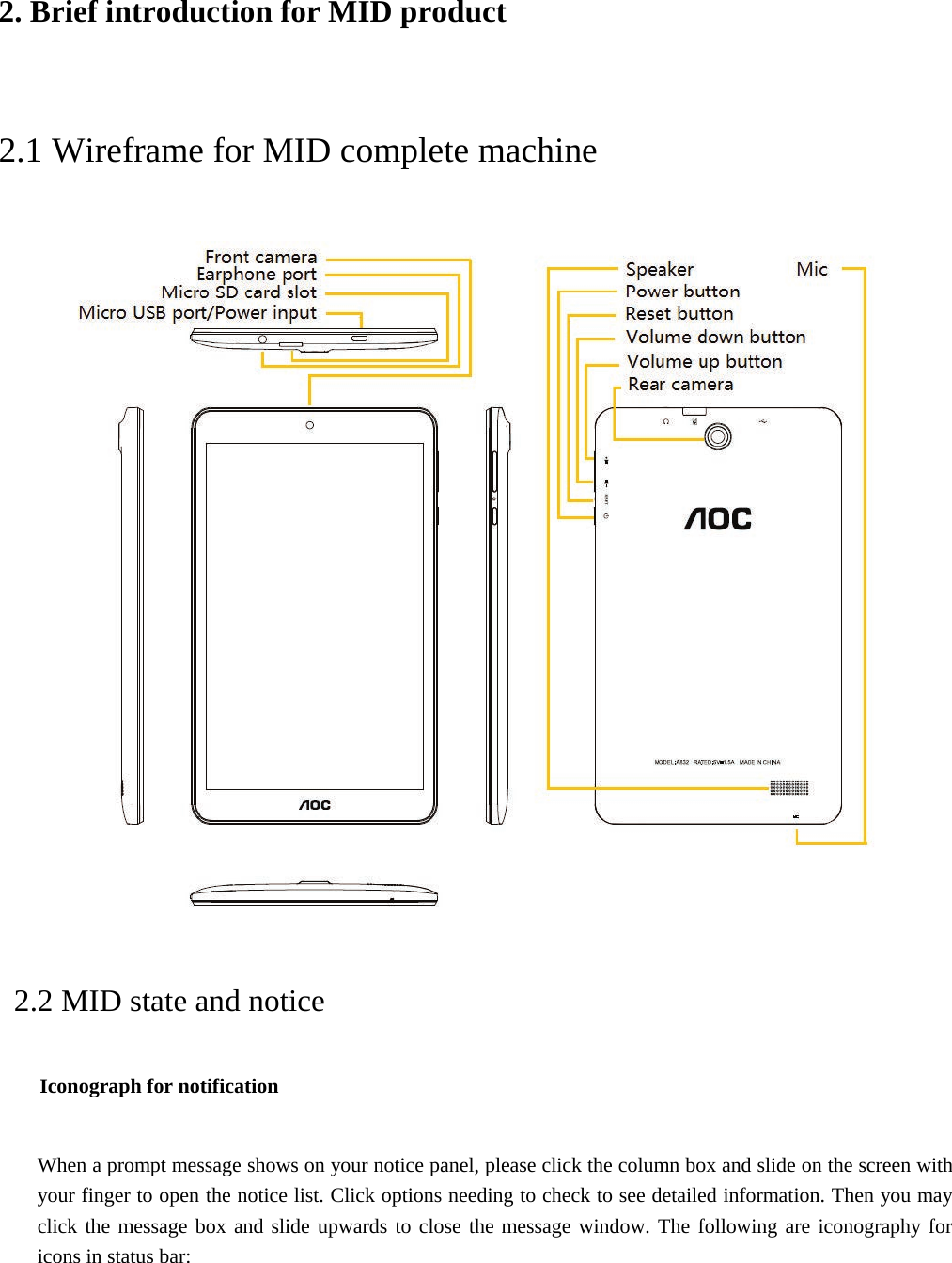 2. Brief introduction for MID product2.1 Wireframe for MID complete machine 2.2 MID state and notice Iconograph for notification When a prompt message shows on your notice panel, please click the column box and slide on the screen with your finger to open the notice list. Click options needing to check to see detailed information. Then you may click the message box and slide upwards to close the message window. The following are iconography for icons in status bar: 