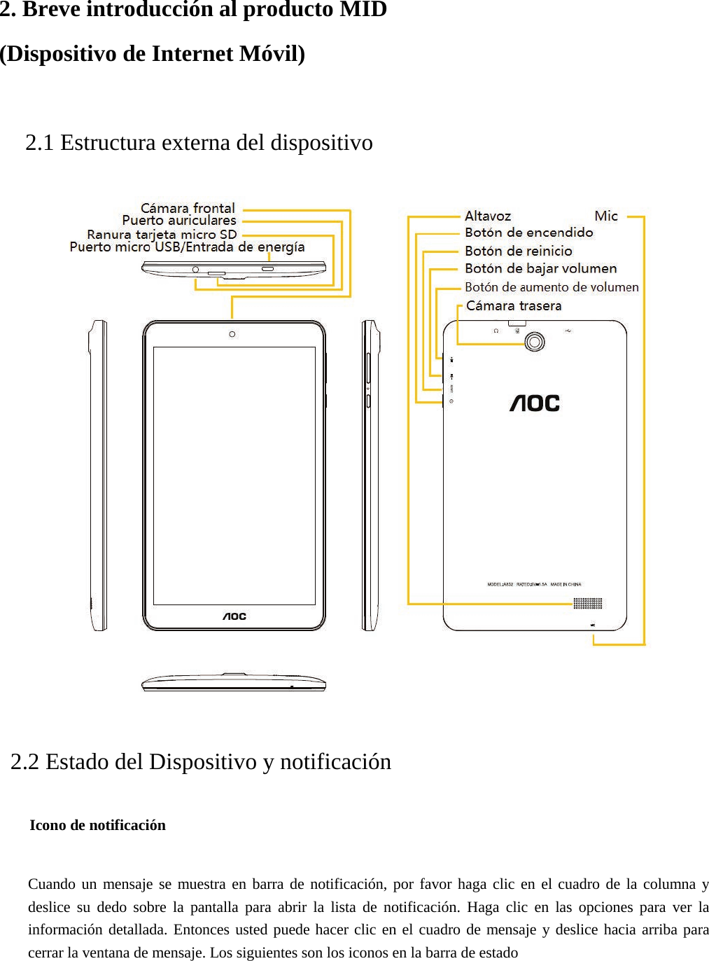 2. Breve introducción al producto MID(Dispositivo de Internet Móvil)2.1 Estructura externa del dispositivo 2.2 Estado del Dispositivo y notificación Icono de notificación Cuando un mensaje se muestra en barra de notificación, por favor haga clic en el cuadro de la columna y deslice su dedo sobre la pantalla para abrir la lista de notificación. Haga clic en las opciones para ver la información detallada. Entonces usted puede hacer clic en el cuadro de mensaje y deslice hacia arriba para cerrar la ventana de mensaje. Los siguientes son los iconos en la barra de estado 