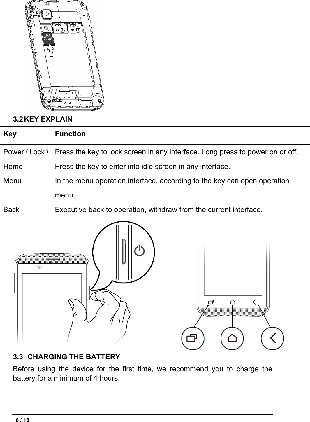  3.2 KEY EXPLAIN Key Function Power（Lock） Press the key to lock screen in any interface. Long press to power on or off. Home Press the key to enter into idle screen in any interface. Menu In the menu operation interface, according to the key can open operation menu. Back Executive back to operation, withdraw from the current interface.  3.3   CHARGING THE BATTERY Before using the device for the first time, we recommend you to charge the battery for a minimum of 4 hours.   6 / 18   