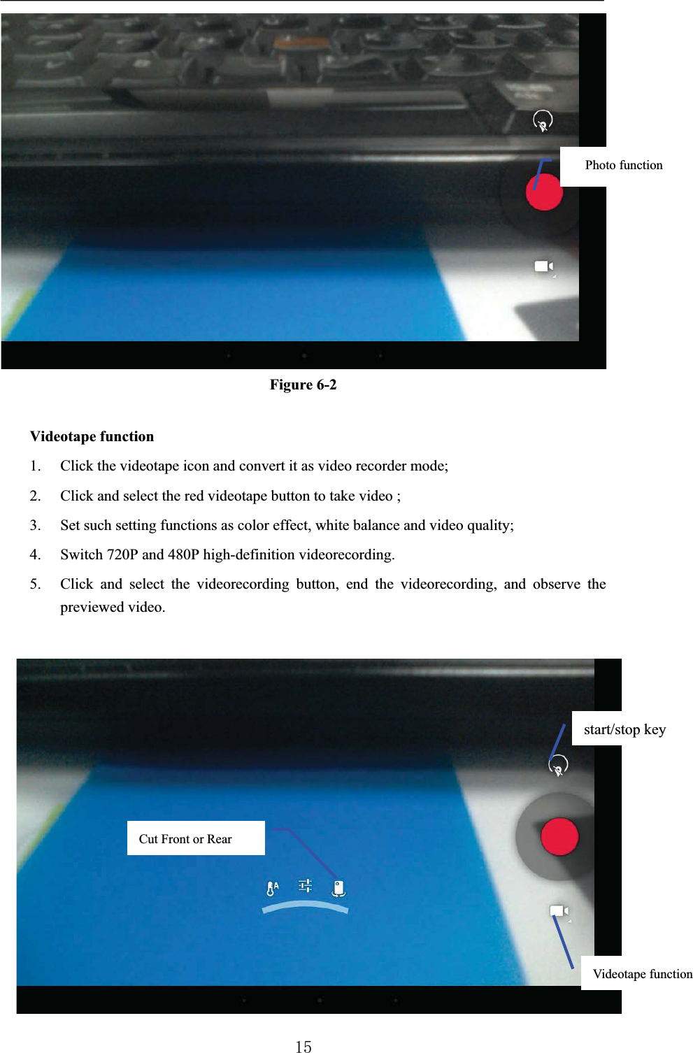 Figure 6-2Videotape function1. Click the videotape icon and convert it as video recorder mode; 2. Click and select the red videotape button to take video ; 3. Set such setting functions as color effect, white balance and video quality; 4. Switch 720P and 480P high-definition videorecording.5. Click and select the videorecording button, end the videorecording, and observe the previewed video. Photo functionstart/stop keyVideotape function Cut Front or Rear 