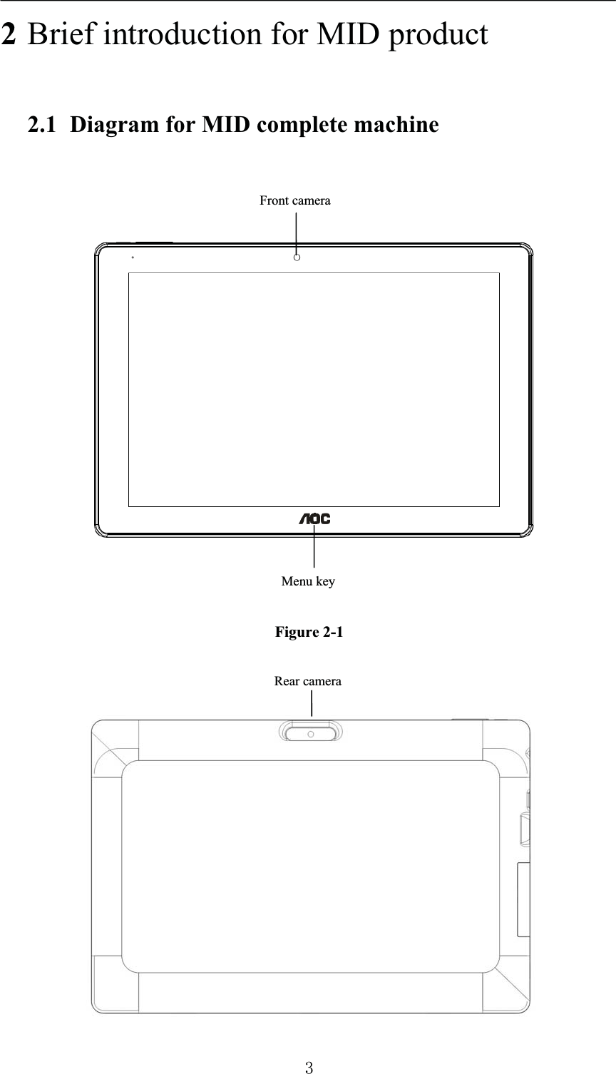 2Brief introduction for MID product2.1 Diagram for MID complete machineFigure 2-1Front cameraRear cameraMenu key