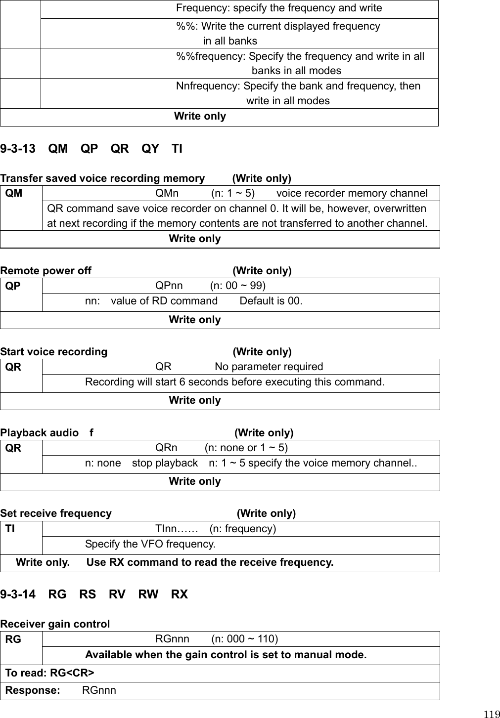  119Frequency: specify the frequency and write %%: Write the current displayed frequency   in all banks  %%frequency: Specify the frequency and write in all banks in all modes  Nnfrequency: Specify the bank and frequency, then write in all modes Write only  9-3-13  QM  QP  QR  QY  TI  Transfer saved voice recording memory     (Write only) QMn      (n: 1 ~ 5)    voice recorder memory channel QM   QR command save voice recorder on channel 0. It will be, however, overwritten at next recording if the memory contents are not transferred to another channel. Write only  Remote power off                          (Write only) QPnn     (n: 00 ~ 99)  QP nn:  value of RD command    Default is 00. Write only  Start voice recording                       (Write only) QR        No parameter required  QR Recording will start 6 seconds before executing this command. Write only  Playback audio  f                          (Write only) QRn          (n: none or 1 ~ 5)   QR n: none    stop playback    n: 1 ~ 5 specify the voice memory channel.. Write only  Set receive frequency                       (Write only) TInn……  (n: frequency)  TI Specify the VFO frequency.     Write only.      Use RX command to read the receive frequency.  9-3-14  RG  RS  RV  RW  RX  Receiver gain control      RGnnn    (n: 000 ~ 110)  RG Available when the gain control is set to manual mode.  To read: RG&lt;CR&gt; Response:    RGnnn 