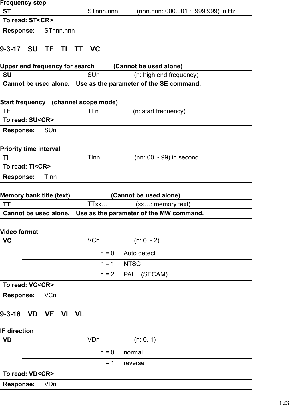  123 Frequency step ST  STnnn.nnn      (nnn.nnn: 000.001 ~ 999.999) in Hz   To read: ST&lt;CR&gt; Response:   STnnn.nnn  9-3-17  SU  TF  TI  TT  VC  Upper end frequency for search            (Cannot be used alone) SU  SUn           (n: high end frequency)  Cannot be used alone.    Use as the parameter of the SE command.  Start frequency    (channel scope mode) TF  TFn           (n: start frequency)  To read: SU&lt;CR&gt; Response:   SUn  Priority time interval TI  TInn           (nn: 00 ~ 99) in second To read: TI&lt;CR&gt; Response:   TInn  Memory bank title (text)             (Cannot be used alone) TT  TTxx…         (xx…: memory text)  Cannot be used alone.    Use as the parameter of the MW command.  Video format   VCn           (n: 0 ~ 2)  n = 0      Auto detect n = 1   NTSC VC   n = 2   PAL  (SECAM) To read: VC&lt;CR&gt; Response:   VCn  9-3-18  VD  VF  VI  VL  IF direction   VDn           (n: 0, 1)  n = 0   normal VD   n = 1   reverse To read: VD&lt;CR&gt; Response:   VDn  