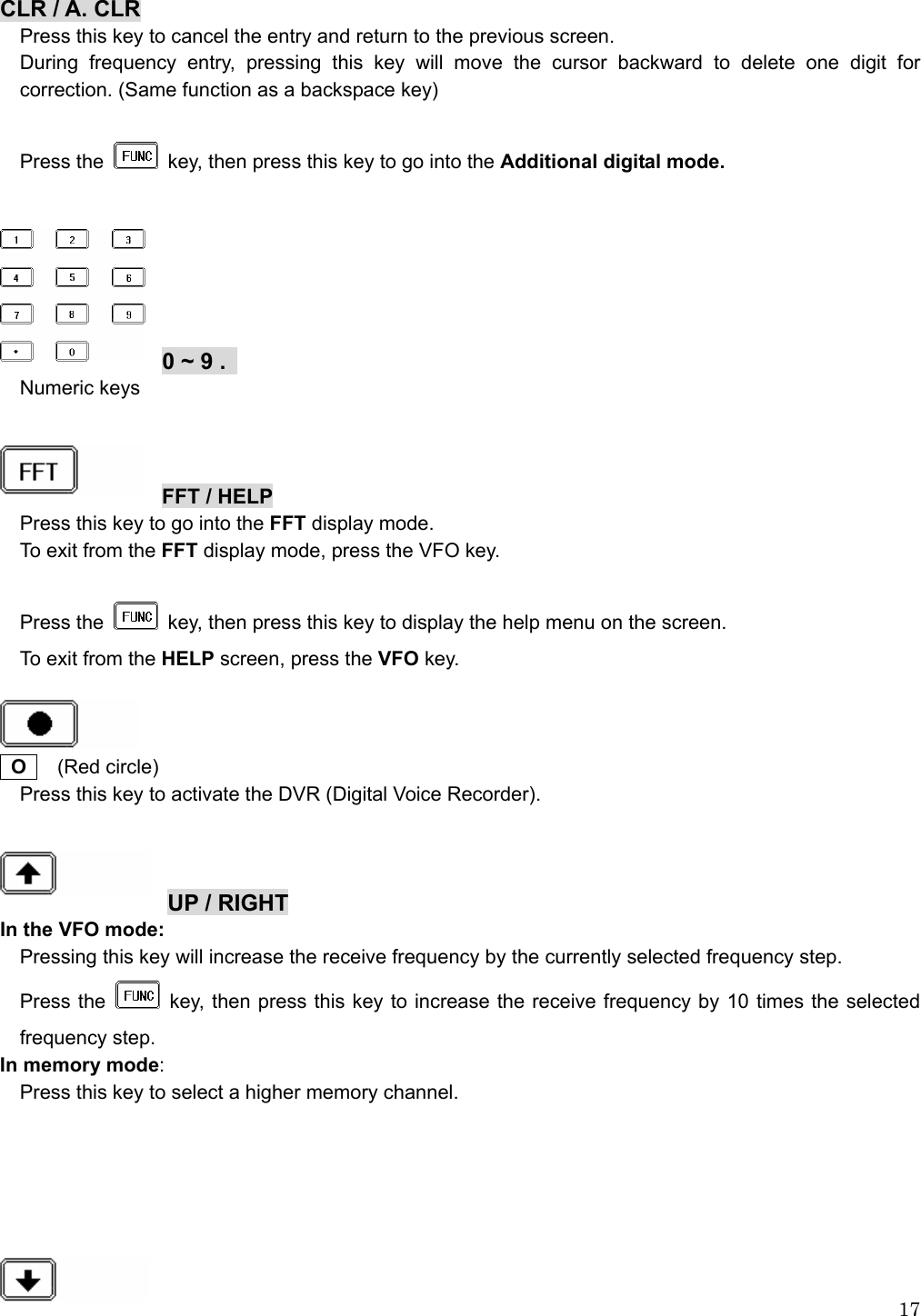  17CLR / A. CLR Press this key to cancel the entry and return to the previous screen.   During frequency entry, pressing this key will move the cursor backward to delete one digit for correction. (Same function as a backspace key)   Press the   key, then press this key to go into the Additional digital mode.       0 ~ 9 .     Numeric keys    FFT / HELP Press this key to go into the FFT display mode. To exit from the FFT display mode, press the VFO key.  Press the   key, then press this key to display the help menu on the screen. To exit from the HELP screen, press the VFO key.     O   (Red circle) Press this key to activate the DVR (Digital Voice Recorder).    UP / RIGHT In the VFO mode: Pressing this key will increase the receive frequency by the currently selected frequency step. Press the    key, then press this key to increase the receive frequency by 10 times the selected frequency step. In memory mode: Press this key to select a higher memory channel.        