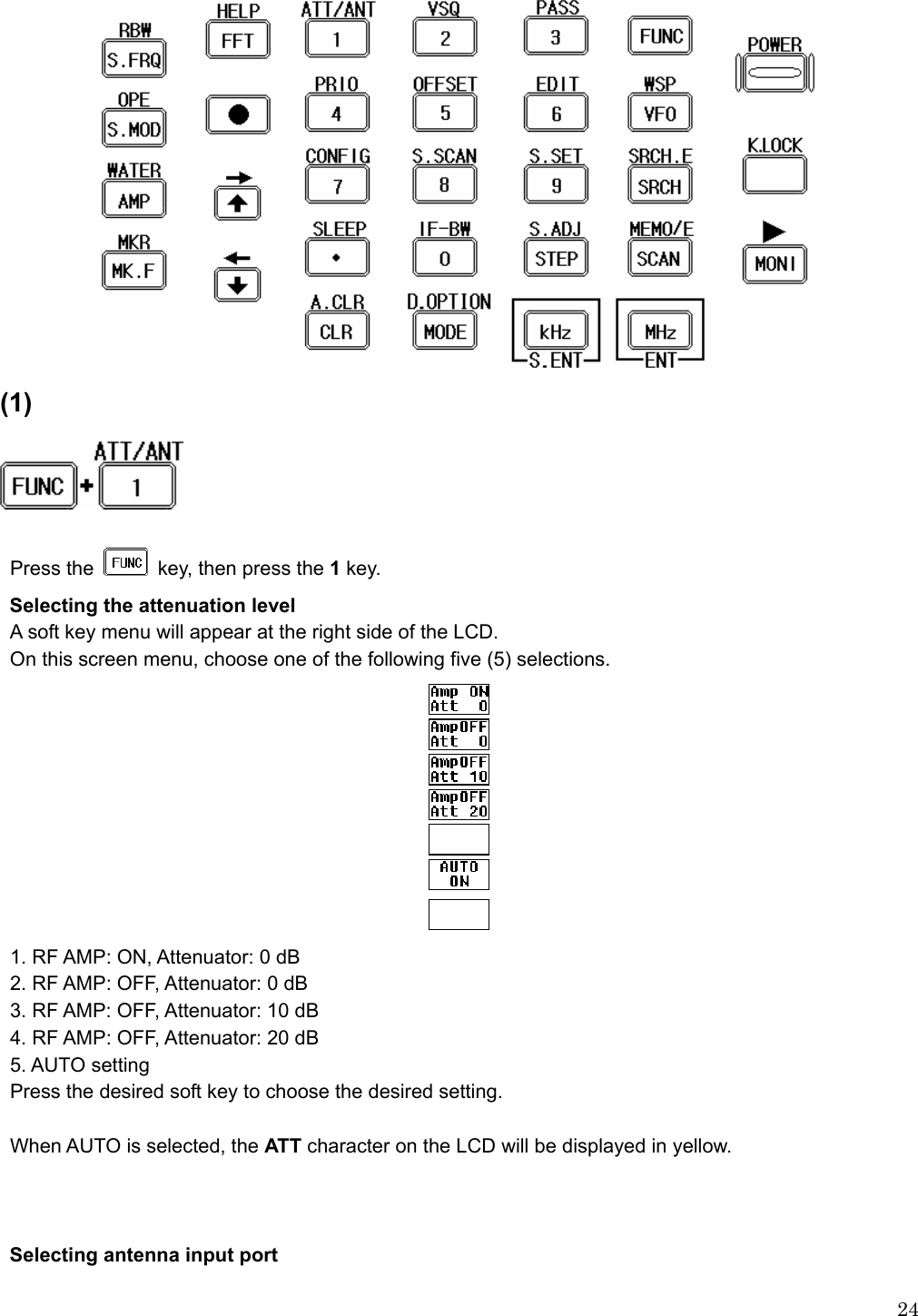  24 (1)   Press the    key, then press the 1 key. Selecting the attenuation level A soft key menu will appear at the right side of the LCD. On this screen menu, choose one of the following five (5) selections.  1. RF AMP: ON, Attenuator: 0 dB 2. RF AMP: OFF, Attenuator: 0 dB 3. RF AMP: OFF, Attenuator: 10 dB 4. RF AMP: OFF, Attenuator: 20 dB 5. AUTO setting Press the desired soft key to choose the desired setting.  When AUTO is selected, the ATT character on the LCD will be displayed in yellow.    Selecting antenna input port 