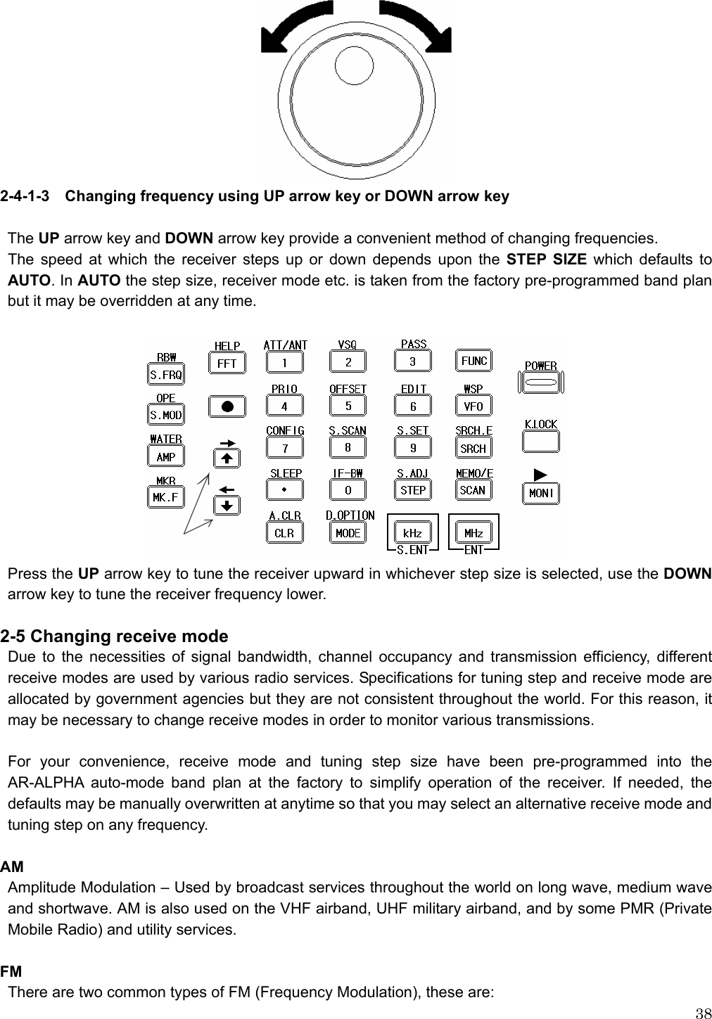  38 2-4-1-3  Changing frequency using UP arrow key or DOWN arrow key  The UP arrow key and DOWN arrow key provide a convenient method of changing frequencies.   The speed at which the receiver steps up or down depends upon the STEP SIZE which defaults to AUTO. In AUTO the step size, receiver mode etc. is taken from the factory pre-programmed band plan but it may be overridden at any time.   Press the UP arrow key to tune the receiver upward in whichever step size is selected, use the DOWN arrow key to tune the receiver frequency lower.  2-5 Changing receive mode Due to the necessities of signal bandwidth, channel occupancy and transmission efficiency, different receive modes are used by various radio services. Specifications for tuning step and receive mode are allocated by government agencies but they are not consistent throughout the world. For this reason, it may be necessary to change receive modes in order to monitor various transmissions.  For your convenience, receive mode and tuning step size have been pre-programmed into the AR-ALPHA auto-mode band plan at the factory to simplify operation of the receiver. If needed, the defaults may be manually overwritten at anytime so that you may select an alternative receive mode and tuning step on any frequency.  AM  Amplitude Modulation – Used by broadcast services throughout the world on long wave, medium wave and shortwave. AM is also used on the VHF airband, UHF military airband, and by some PMR (Private Mobile Radio) and utility services.  FM There are two common types of FM (Frequency Modulation), these are: 