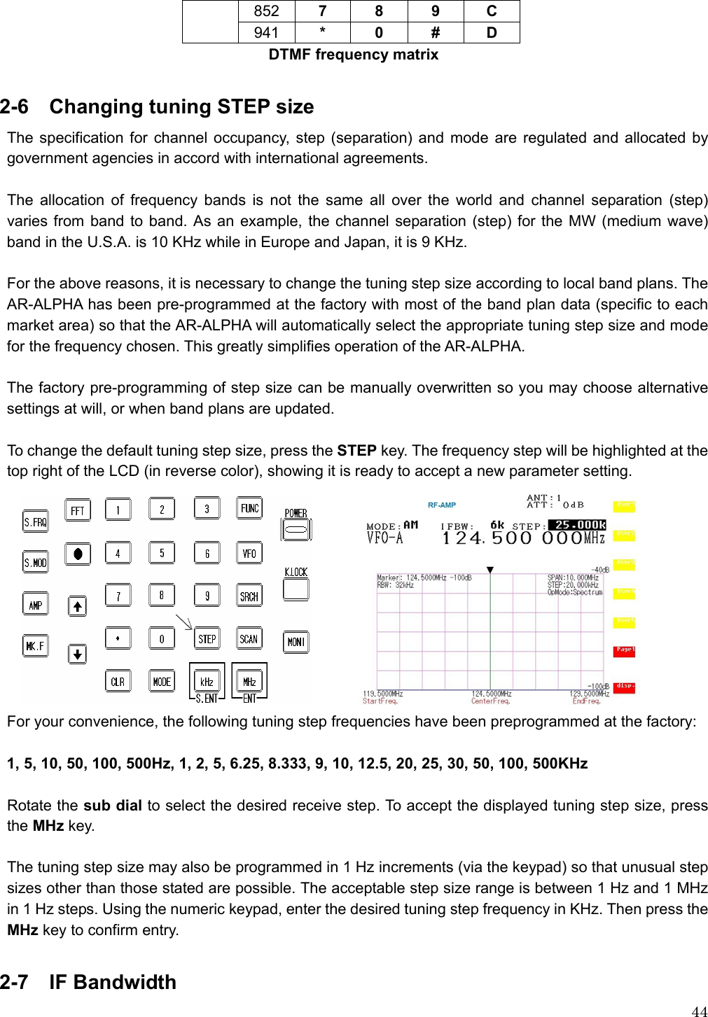  44852  7 8 9 C 941  * 0 # D DTMF frequency matrix  2-6  Changing tuning STEP size The specification for channel occupancy, step (separation) and mode are regulated and allocated by government agencies in accord with international agreements.  The allocation of frequency bands is not the same all over the world and channel separation (step) varies from band to band. As an example, the channel separation (step) for the MW (medium wave) band in the U.S.A. is 10 KHz while in Europe and Japan, it is 9 KHz.  For the above reasons, it is necessary to change the tuning step size according to local band plans. The AR-ALPHA has been pre-programmed at the factory with most of the band plan data (specific to each market area) so that the AR-ALPHA will automatically select the appropriate tuning step size and mode for the frequency chosen. This greatly simplifies operation of the AR-ALPHA.  The factory pre-programming of step size can be manually overwritten so you may choose alternative settings at will, or when band plans are updated.  To change the default tuning step size, press the STEP key. The frequency step will be highlighted at the top right of the LCD (in reverse color), showing it is ready to accept a new parameter setting.        For your convenience, the following tuning step frequencies have been preprogrammed at the factory:  1, 5, 10, 50, 100, 500Hz, 1, 2, 5, 6.25, 8.333, 9, 10, 12.5, 20, 25, 30, 50, 100, 500KHz  Rotate the sub dial to select the desired receive step. To accept the displayed tuning step size, press the MHz key.  The tuning step size may also be programmed in 1 Hz increments (via the keypad) so that unusual step sizes other than those stated are possible. The acceptable step size range is between 1 Hz and 1 MHz in 1 Hz steps. Using the numeric keypad, enter the desired tuning step frequency in KHz. Then press the MHz key to confirm entry.    2-7  IF Bandwidth 