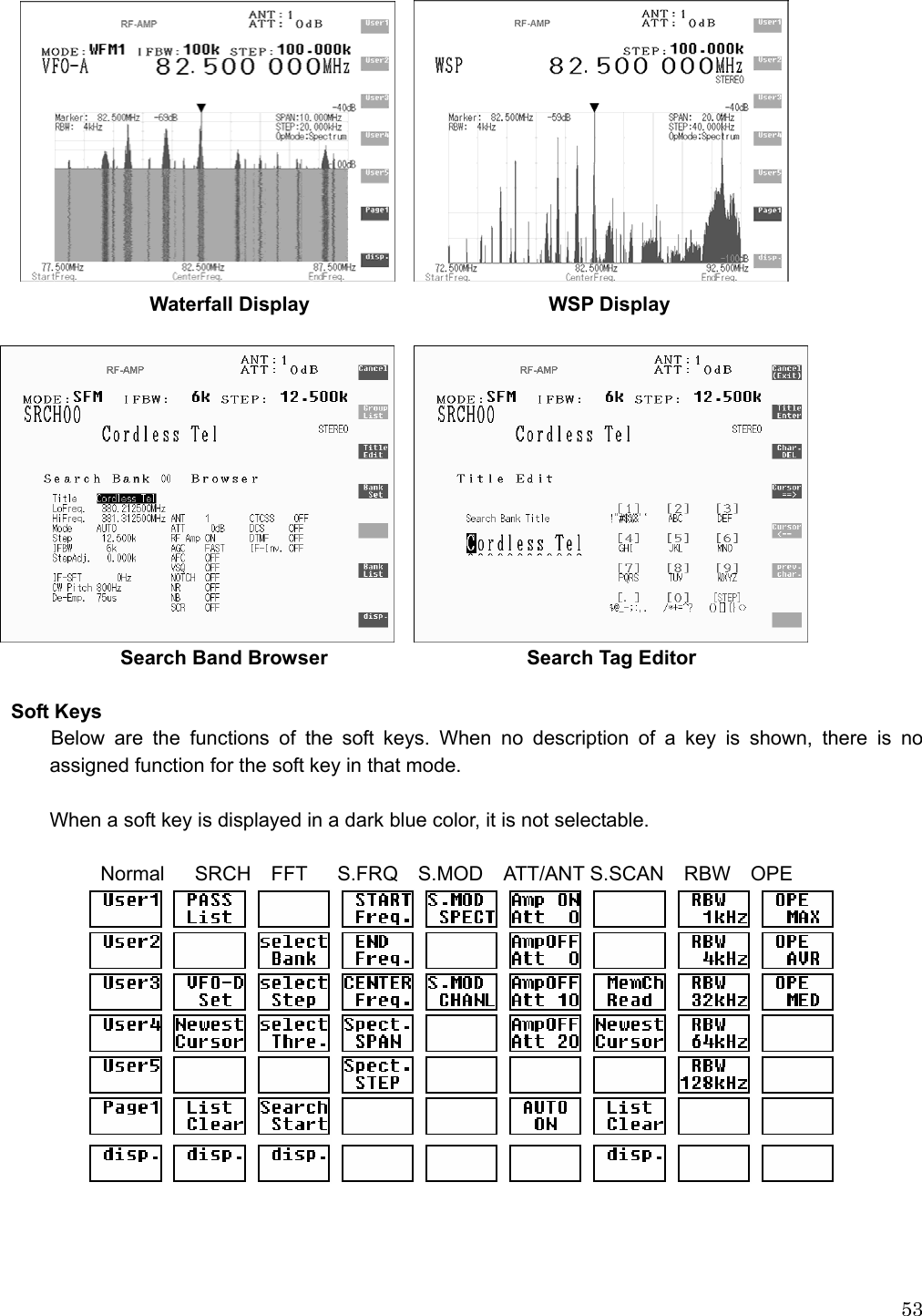  53      Waterfall Display                        WSP Display      Search Band Browser                      Search Tag Editor  Soft Keys     Below are the functions of the soft keys. When no description of a key is shown, there is no assigned function for the soft key in that mode.  When a soft key is displayed in a dark blue color, it is not selectable.  Normal   SRCH  FFT   S.FRQ  S.MOD  ATT/ANT S.SCAN  RBW  OPE                     