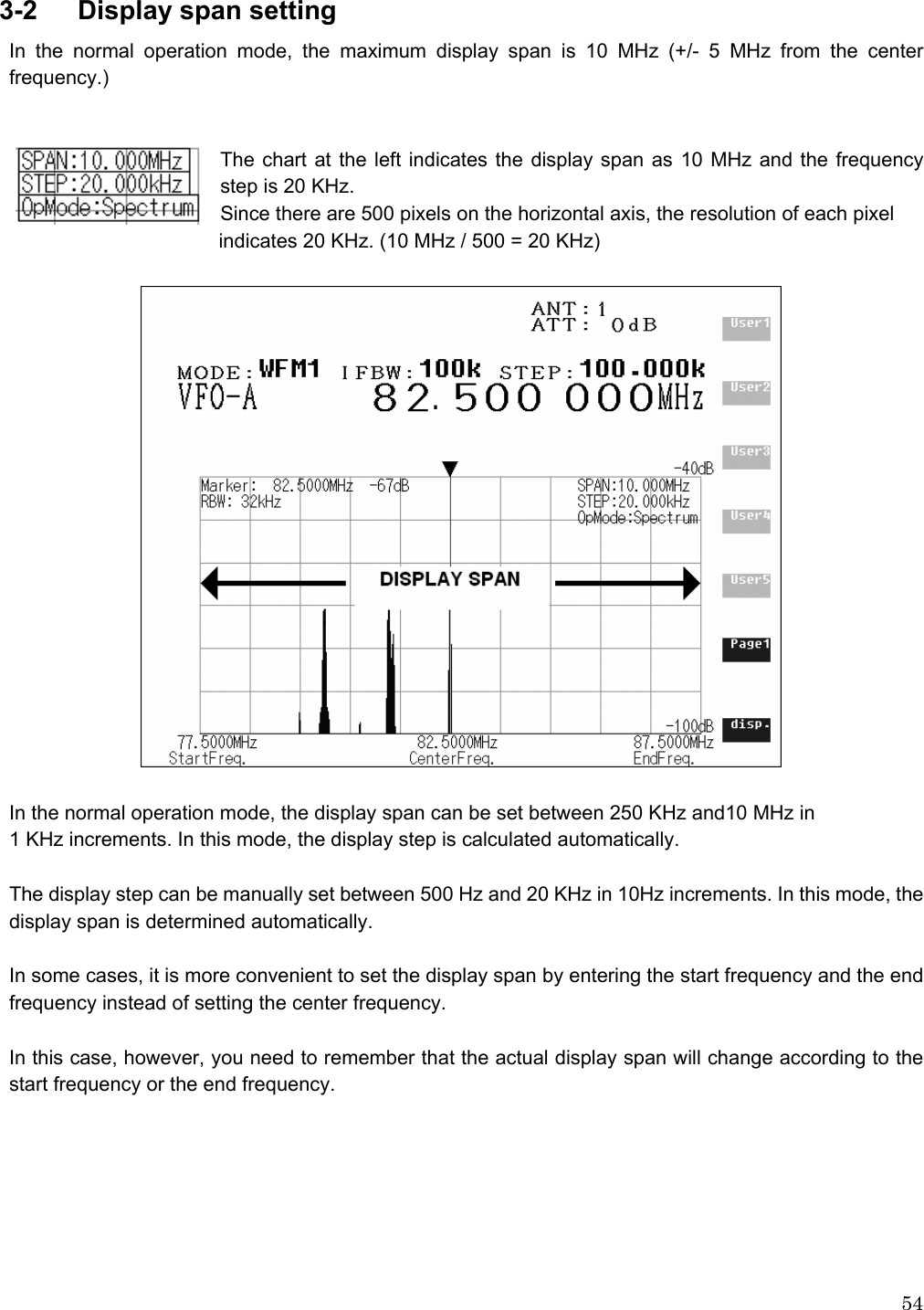 543-2   Display span setting  In the normal operation mode, the maximum display span is 10 MHz (+/- 5 MHz from the center frequency.)   The chart at the left indicates the display span as 10 MHz and the frequency step is 20 KHz. Since there are 500 pixels on the horizontal axis, the resolution of each pixel     indicates 20 KHz. (10 MHz / 500 = 20 KHz)      In the normal operation mode, the display span can be set between 250 KHz and10 MHz in 1 KHz increments. In this mode, the display step is calculated automatically.  The display step can be manually set between 500 Hz and 20 KHz in 10Hz increments. In this mode, the display span is determined automatically.  In some cases, it is more convenient to set the display span by entering the start frequency and the end frequency instead of setting the center frequency.  In this case, however, you need to remember that the actual display span will change according to the start frequency or the end frequency.        