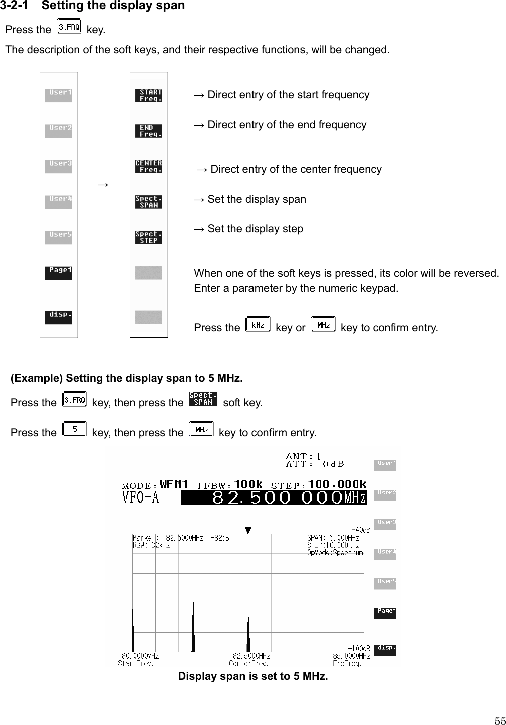  553-2-1    Setting the display span Press the   key. The description of the soft keys, and their respective functions, will be changed.   → Direct entry of the start frequency  → Direct entry of the end frequency                                                                   → Direct entry of the center frequency → → Set the display span  → Set the display step   When one of the soft keys is pressed, its color will be reversed.   Enter a parameter by the numeric keypad.  Press the   key or    key to confirm entry.     (Example) Setting the display span to 5 MHz. Press the    key, then press the   soft key.  Press the    key, then press the    key to confirm entry.  Display span is set to 5 MHz.   