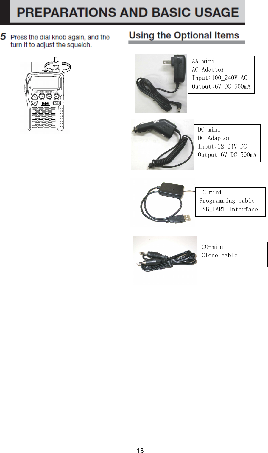13                                                       AA-mini AC Adaptor Input:100_240V AC Output:6V DC 500mA DC-mini DC Adaptor Input:12_24V DC Output:6V DC 500mA PC-mini Programming cable USB_UART Interface CO-mini Clone cable  