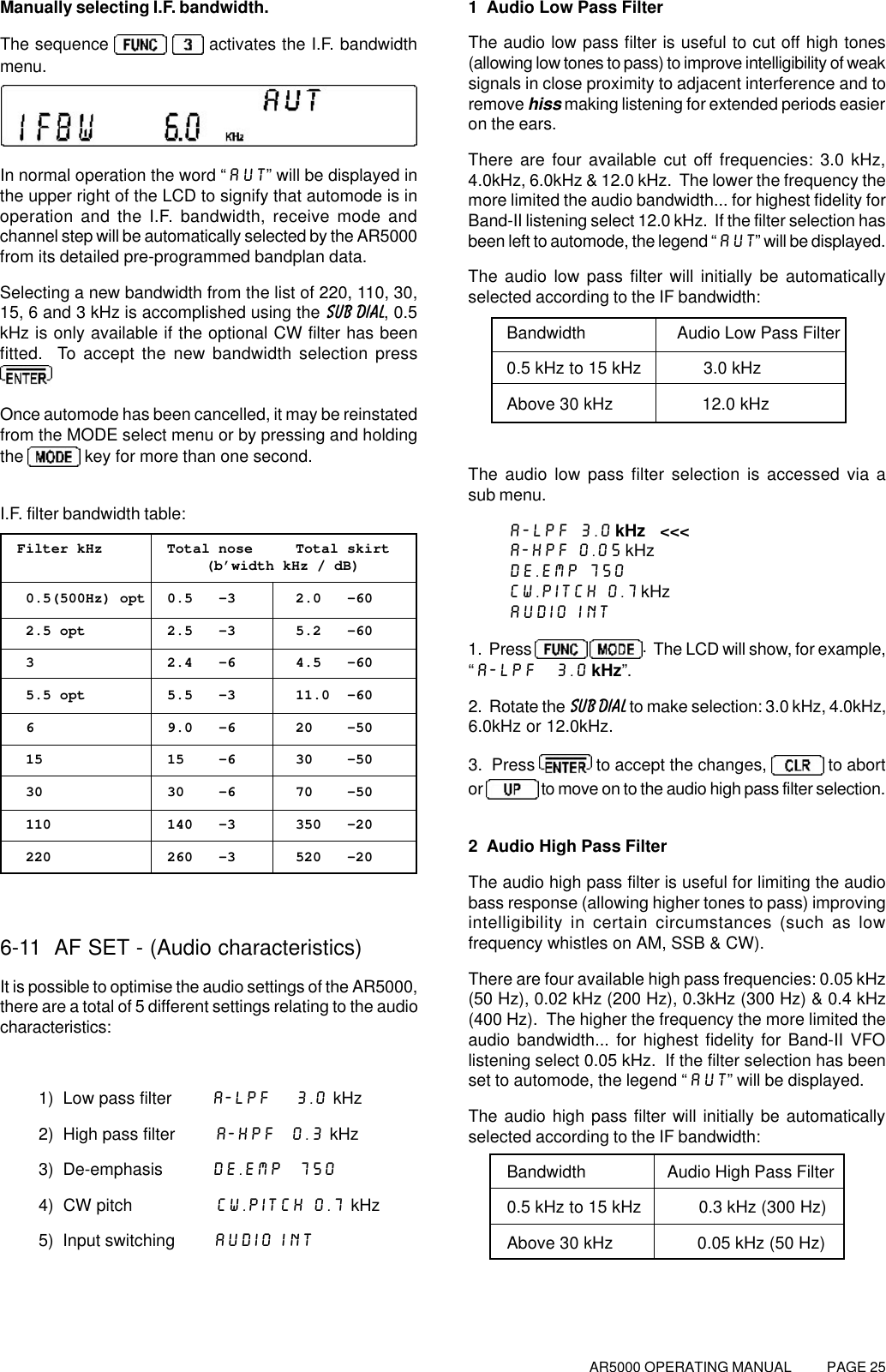 AR5000 OPERATING MANUAL          PAGE 25Manually selecting I.F. bandwidth.The sequence     activates the I.F. bandwidthmenu.In normal operation the word “AUT” will be displayed inthe upper right of the LCD to signify that automode is inoperation and the I.F. bandwidth, receive mode andchannel step will be automatically selected by the AR5000from its detailed pre-programmed bandplan data.Selecting a new bandwidth from the list of 220, 110, 30,15, 6 and 3 kHz is accomplished using the SUB DIAL, 0.5kHz is only available if the optional CW filter has beenfitted.  To accept the new bandwidth selection pressOnce automode has been cancelled, it may be reinstatedfrom the MODE select menu or by pressing and holdingthe   key for more than one second.I.F. filter bandwidth table:  Filter kHz Total nose Total skirt                        (b’width kHz / dB)   0.5(500Hz) opt 0.5   -3 2.0   -60   2.5 opt 2.5   -3 5.2   -60   3 2.4   -6 4.5   -60   5.5 opt 5.5   -3 11.0  -60   6 9.0   -6 20    -50   15 15    -6 30    -50   30 30    -6 70    -50   110 140   -3 350   -20   220 260   -3 520   -206-11  AF SET - (Audio characteristics)It is possible to optimise the audio settings of the AR5000,there are a total of 5 different settings relating to the audiocharacteristics:1)  Low pass filter        A-LPF   3.0 kHz2)  High pass filter        A-HPF  0.3 kHz3)  De-emphasis          DE.EMP  7504)  CW pitch                 CW.PITCH 0.7 kHz5)  Input switching        AUDIO INT1  Audio Low Pass FilterThe audio low pass filter is useful to cut off high tones(allowing low tones to pass) to improve intelligibility of weaksignals in close proximity to adjacent interference and toremove hiss making listening for extended periods easieron the ears.There are four available cut off frequencies: 3.0 kHz,4.0kHz, 6.0kHz &amp; 12.0 kHz.  The lower the frequency themore limited the audio bandwidth... for highest fidelity forBand-II listening select 12.0 kHz.  If the filter selection hasbeen left to automode, the legend “AUT” will be displayed.The audio low pass filter will initially be automaticallyselected according to the IF bandwidth:Bandwidth          Audio Low Pass Filter0.5 kHz to 15 kHz             3.0 kHzAbove 30 kHz               12.0 kHzThe audio low pass filter selection is accessed via asub menu.A-LPF 3.0 kHz   &lt;&lt;&lt;A-HPF 0.05 kHzDE.EMP 750CW.PITCH 0.7 kHzAUDIO INT1.  Press   .  The LCD will show, for example,“A-LPF  3.0 kHz”.2.  Rotate the SUB DIAL to make selection: 3.0 kHz, 4.0kHz,6.0kHz or 12.0kHz.3.  Press   to accept the changes,   to abortor   to move on to the audio high pass filter selection.2  Audio High Pass FilterThe audio high pass filter is useful for limiting the audiobass response (allowing higher tones to pass) improvingintelligibility in certain circumstances (such as lowfrequency whistles on AM, SSB &amp; CW).There are four available high pass frequencies: 0.05 kHz(50 Hz), 0.02 kHz (200 Hz), 0.3kHz (300 Hz) &amp; 0.4 kHz(400 Hz).  The higher the frequency the more limited theaudio bandwidth... for highest fidelity for Band-II VFOlistening select 0.05 kHz.  If the filter selection has beenset to automode, the legend “AUT” will be displayed.The audio high pass filter will initially be automaticallyselected according to the IF bandwidth:Bandwidth        Audio High Pass Filter0.5 kHz to 15 kHz            0.3 kHz (300 Hz)Above 30 kHz              0.05 kHz (50 Hz)