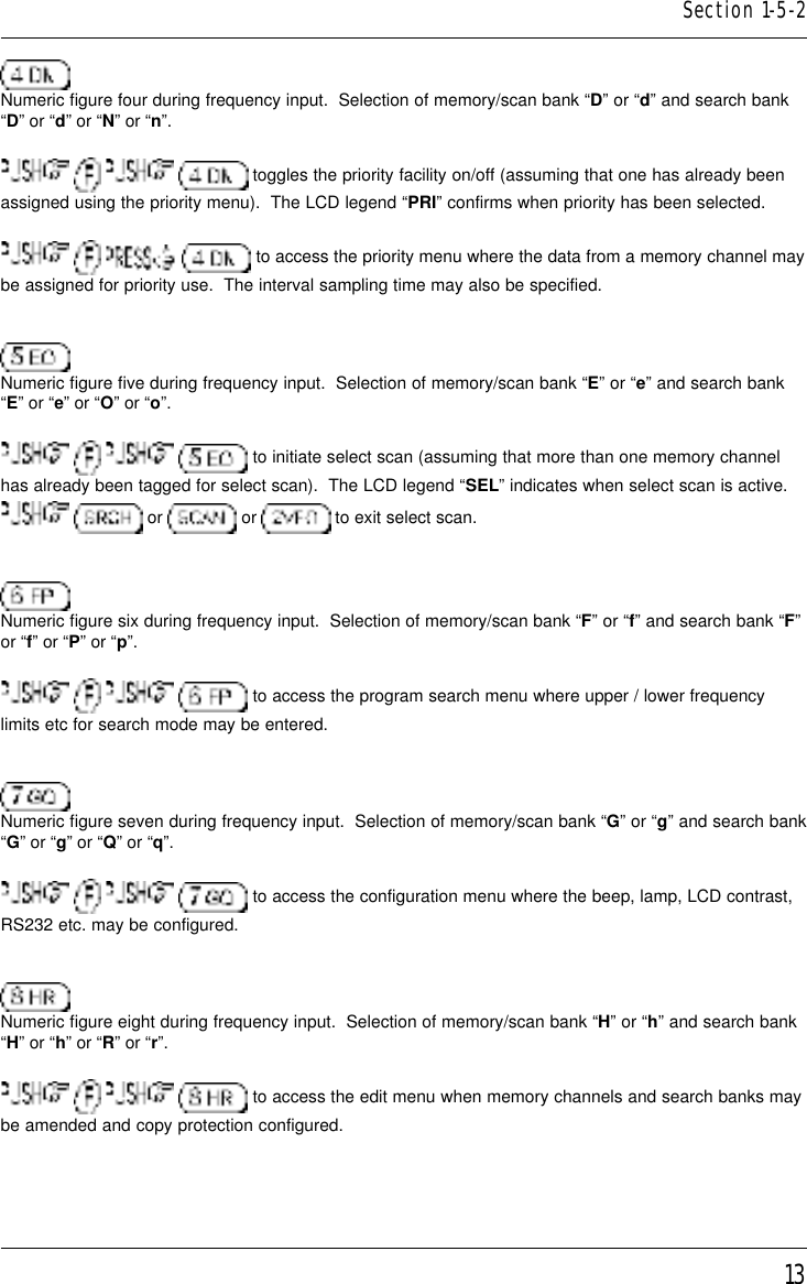 13Numeric figure four during frequency input.  Selection of memory/scan bank “D” or “d” and search bank“D” or “d” or “N” or “n”.       toggles the priority facility on/off (assuming that one has already beenassigned using the priority menu).  The LCD legend “PRI” confirms when priority has been selected.       to access the priority menu where the data from a memory channel maybe assigned for priority use.  The interval sampling time may also be specified.Numeric figure five during frequency input.  Selection of memory/scan bank “E” or “e” and search bank“E” or “e” or “O” or “o”.       to initiate select scan (assuming that more than one memory channelhas already been tagged for select scan).  The LCD legend “SEL” indicates when select scan is active.  or   or   to exit select scan.Numeric figure six during frequency input.  Selection of memory/scan bank “F” or “f” and search bank “F”or “f” or “P” or “p”.       to access the program search menu where upper / lower frequencylimits etc for search mode may be entered.Numeric figure seven during frequency input.  Selection of memory/scan bank “G” or “g” and search bank“G” or “g” or “Q” or “q”.       to access the configuration menu where the beep, lamp, LCD contrast,RS232 etc. may be configured.Numeric figure eight during frequency input.  Selection of memory/scan bank “H” or “h” and search bank“H” or “h” or “R” or “r”.       to access the edit menu when memory channels and search banks maybe amended and copy protection configured.Section 1-5-2