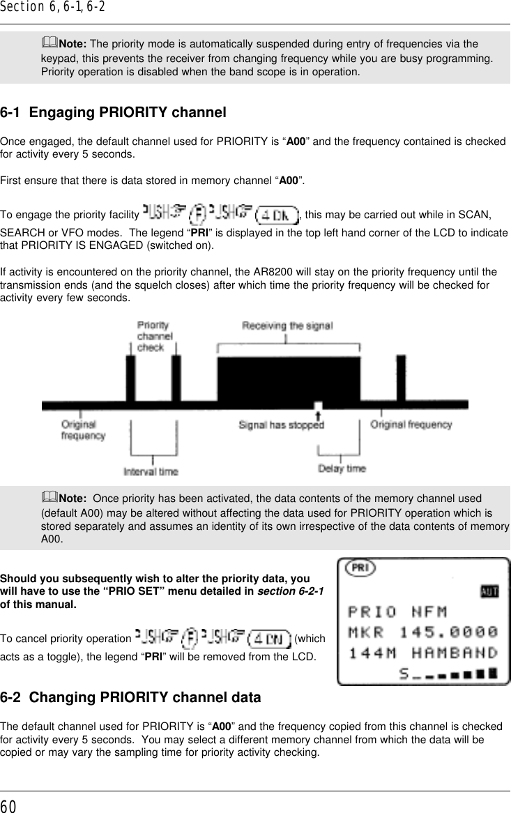 60&amp;Note: The priority mode is automatically suspended during entry of frequencies via thekeypad, this prevents the receiver from changing frequency while you are busy programming.Priority operation is disabled when the band scope is in operation.6-1  Engaging PRIORITY channelOnce engaged, the default channel used for PRIORITY is “A00” and the frequency contained is checkedfor activity every 5 seconds.First ensure that there is data stored in memory channel “A00”.To engage the priority facility        , this may be carried out while in SCAN,SEARCH or VFO modes.  The legend “PRI” is displayed in the top left hand corner of the LCD to indicatethat PRIORITY IS ENGAGED (switched on).If activity is encountered on the priority channel, the AR8200 will stay on the priority frequency until thetransmission ends (and the squelch closes) after which time the priority frequency will be checked foractivity every few seconds.&amp;Note:  Once priority has been activated, the data contents of the memory channel used(default A00) may be altered without affecting the data used for PRIORITY operation which isstored separately and assumes an identity of its own irrespective of the data contents of memoryA00.Should you subsequently wish to alter the priority data, youwill have to use the “PRIO SET” menu detailed in section 6-2-1of this manual.To cancel priority operation         (whichacts as a toggle), the legend “PRI” will be removed from the LCD.6-2  Changing PRIORITY channel dataThe default channel used for PRIORITY is “A00” and the frequency copied from this channel is checkedfor activity every 5 seconds.  You may select a different memory channel from which the data will becopied or may vary the sampling time for priority activity checking.Section 6, 6-1, 6-2
