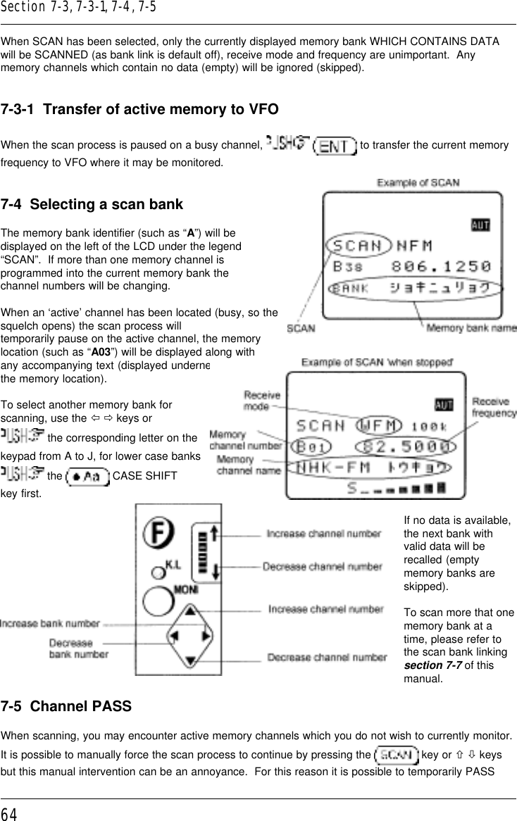 64When SCAN has been selected, only the currently displayed memory bank WHICH CONTAINS DATAwill be SCANNED (as bank link is default off), receive mode and frequency are unimportant.  Anymemory channels which contain no data (empty) will be ignored (skipped).7-3-1  Transfer of active memory to VFOWhen the scan process is paused on a busy channel,    to transfer the current memoryfrequency to VFO where it may be monitored.7-4  Selecting a scan bankThe memory bank identifier (such as “A”) will bedisplayed on the left of the LCD under the legend“SCAN”.  If more than one memory channel isprogrammed into the current memory bank thechannel numbers will be changing.When an ‘active’ channel has been located (busy, so thesquelch opens) the scan process willtemporarily pause on the active channel, the memorylocation (such as “A03”) will be displayed along withany accompanying text (displayed underneaththe memory location).To select another memory bank forscanning, use the ï ð keys or the corresponding letter on thekeypad from A to J, for lower case banks the   CASE SHIFTkey first.If no data is available,the next bank withvalid data will berecalled (emptymemory banks areskipped).To scan more that onememory bank at atime, please refer tothe scan bank linkingsection 7-7 of thismanual.7-5  Channel PASSWhen scanning, you may encounter active memory channels which you do not wish to currently monitor.It is possible to manually force the scan process to continue by pressing the   key or ñ ò keysbut this manual intervention can be an annoyance.  For this reason it is possible to temporarily PASSSection 7-3, 7-3-1, 7-4, 7-5