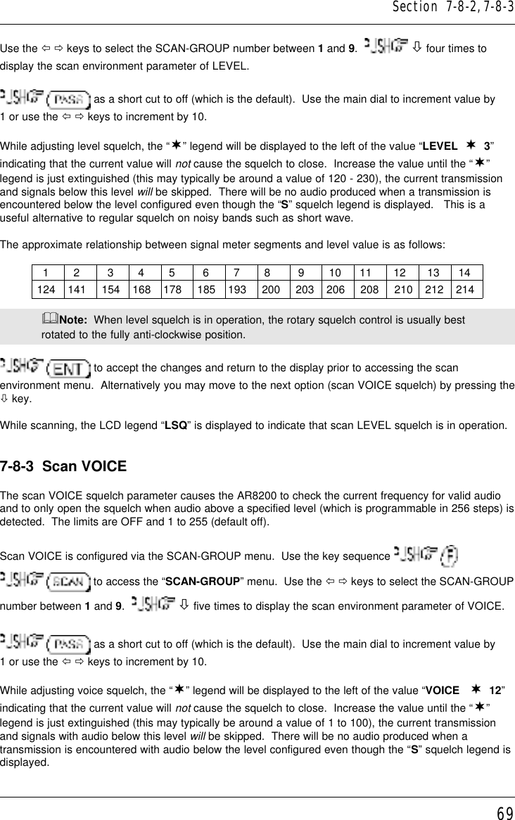 69Use the ï ð keys to select the SCAN-GROUP number between 1 and 9.    ò four times todisplay the scan environment parameter of LEVEL.  as a short cut to off (which is the default).  Use the main dial to increment value by1 or use the ï ð keys to increment by 10.While adjusting level squelch, the “¬” legend will be displayed to the left of the value “LEVEL  ¬  3”indicating that the current value will not cause the squelch to close.  Increase the value until the “¬”legend is just extinguished (this may typically be around a value of 120 - 230), the current transmissionand signals below this level will be skipped.  There will be no audio produced when a transmission isencountered below the level configured even though the “S” squelch legend is displayed.   This is auseful alternative to regular squelch on noisy bands such as short wave.The approximate relationship between signal meter segments and level value is as follows:              1        2         3        4        5         6        7        8         9        10      11       12       13      14            124    141     154    168    178     185    193     200     203    206     208     210    212    214&amp;Note:  When level squelch is in operation, the rotary squelch control is usually bestrotated to the fully anti-clockwise position.  to accept the changes and return to the display prior to accessing the scanenvironment menu.  Alternatively you may move to the next option (scan VOICE squelch) by pressing theò key.While scanning, the LCD legend “LSQ” is displayed to indicate that scan LEVEL squelch is in operation.7-8-3  Scan VOICEThe scan VOICE squelch parameter causes the AR8200 to check the current frequency for valid audioand to only open the squelch when audio above a specified level (which is programmable in 256 steps) isdetected.  The limits are OFF and 1 to 255 (default off).Scan VOICE is configured via the SCAN-GROUP menu.  Use the key sequence     to access the “SCAN-GROUP” menu.  Use the ï ð keys to select the SCAN-GROUPnumber between 1 and 9.    ò five times to display the scan environment parameter of VOICE.  as a short cut to off (which is the default).  Use the main dial to increment value by1 or use the ï ð keys to increment by 10.While adjusting voice squelch, the “¬” legend will be displayed to the left of the value “VOICE   ¬  12”indicating that the current value will not cause the squelch to close.  Increase the value until the “¬”legend is just extinguished (this may typically be around a value of 1 to 100), the current transmissionand signals with audio below this level will be skipped.  There will be no audio produced when atransmission is encountered with audio below the level configured even though the “S” squelch legend isdisplayed.Section  7-8-2, 7-8-3