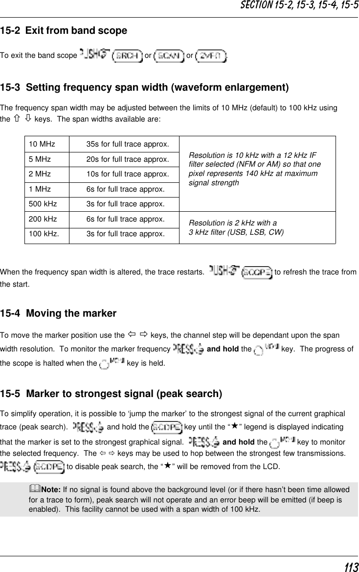 11315-2  Exit from band scopeTo exit the band scope    or   or  .15-3  Setting frequency span width (waveform enlargement)The frequency span width may be adjusted between the limits of 10 MHz (default) to 100 kHz usingthe ñ ò keys.  The span widths available are:10 MHz 35s for full trace approx.5 MHz 20s for full trace approx.2 MHz 10s for full trace approx.1 MHz 6s for full trace approx.500 kHz 3s for full trace approx.200 kHz 6s for full trace approx.100 kHz. 3s for full trace approx.When the frequency span width is altered, the trace restarts.     to refresh the trace fromthe start.15-4  Moving the markerTo move the marker position use the ï ð keys, the channel step will be dependant upon the spanwidth resolution.  To monitor the marker frequency   and hold the   key.  The progress ofthe scope is halted when the   key is held.15-5  Marker to strongest signal (peak search)To simplify operation, it is possible to ‘jump the marker’ to the strongest signal of the current graphicaltrace (peak search).    and hold the   key until the “«” legend is displayed indicatingthat the marker is set to the strongest graphical signal.    and hold the   key to monitorthe selected frequency.  The ï ð keys may be used to hop between the strongest few transmissions.  to disable peak search, the “«” will be removed from the LCD.&amp;Note: If no signal is found above the background level (or if there hasn’t been time allowedfor a trace to form), peak search will not operate and an error beep will be emitted (if beep isenabled).  This facility cannot be used with a span width of 100 kHz.Resolution is 10 kHz with a 12 kHz IFfilter selected (NFM or AM) so that onepixel represents 140 kHz at maximumsignal strengthResolution is 2 kHz with a3 kHz filter (USB, LSB, CW)Section 15-2, 15-3, 15-4, 15-5