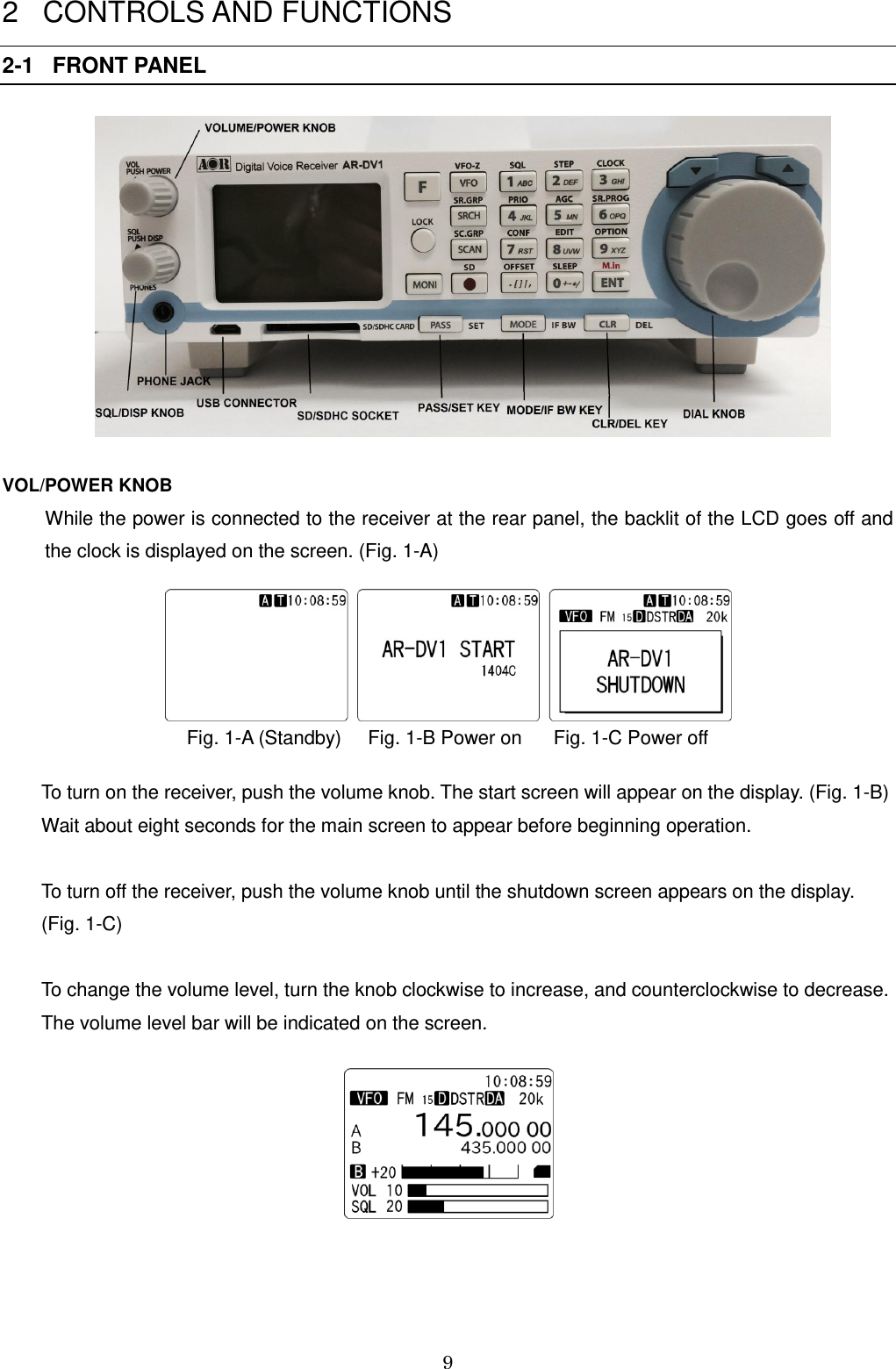 9  2   CONTROLS AND FUNCTIONS 2-1   FRONT PANEL   VOL/POWER KNOB While the power is connected to the receiver at the rear panel, the backlit of the LCD goes off and    the clock is displayed on the screen. (Fig. 1-A)  Fig. 1-A (Standby)     Fig. 1-B Power on      Fig. 1-C Power off    To turn on the receiver, push the volume knob. The start screen will appear on the display. (Fig. 1-B)   Wait about eight seconds for the main screen to appear before beginning operation.           To turn off the receiver, push the volume knob until the shutdown screen appears on the display.    (Fig. 1-C)  To change the volume level, turn the knob clockwise to increase, and counterclockwise to decrease.  The volume level bar will be indicated on the screen.     