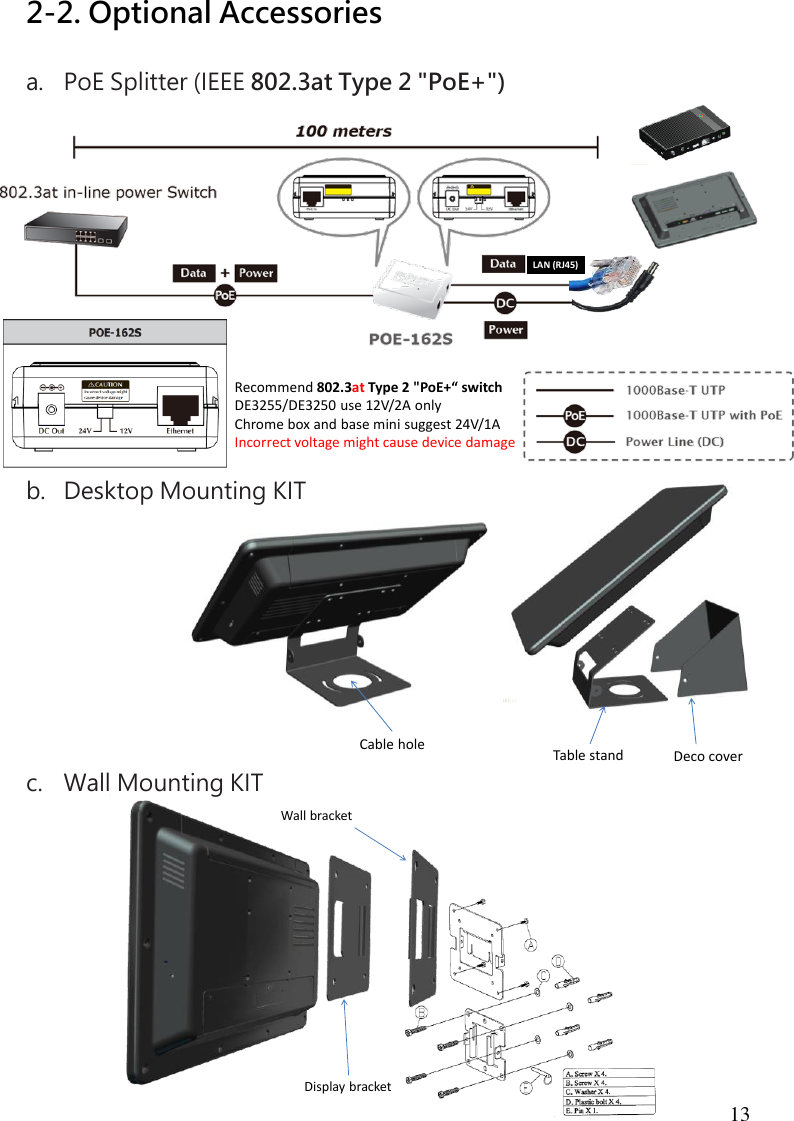 13 Recommend 802.3at Type 2 &quot;PoE+“ switchDE3255/DE3250 use 12V/2A onlyChrome box and base mini suggest 24V/1AIncorrect voltage might cause device damageLAN (RJ45)Cable hole Table stand Deco coverDisplay bracketWall bracket2-2. Optional Accessories  a. PoE Splitter (IEEE 802.3at Type 2 &quot;PoE+&quot;)              b. Desktop Mounting KIT         c. Wall Mounting KIT  