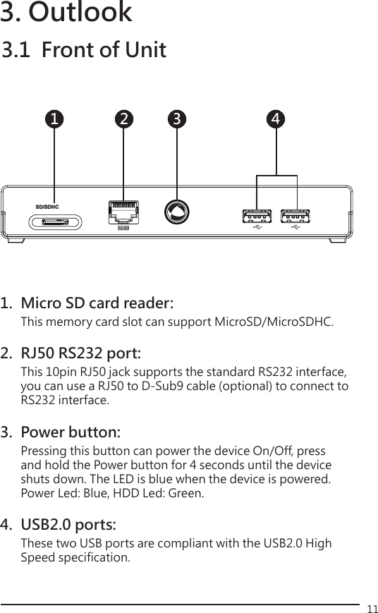 113.1  Front of Unit3. Outlook1.  Micro SD card reader:   This memory card slot can support MicroSD/MicroSDHC.2.  RJ50 RS232 port:   This 10pin RJ50 jack supports the standard RS232 interface,    you can use a RJ50 to D-Sub9 cable (optional) to connect to    RS232 interface.3.  Power button:  Pressing this button can power the device On/Off, press    and hold the Power button for 4 seconds until the device    shuts down. The LED is blue when the device is powered.  Power Led: Blue, HDD Led: Green.4.  USB2.0 ports:   These two USB ports are compliant with the USB2.0 High    Speed specification.SD/SDHC1 2 3 4