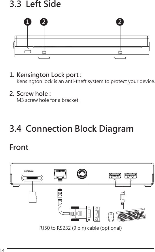 14SD/SDHC3.4  Connection Block DiagramRJ50 to RS232 (9 pin) cable (optional)3.3  Left Side1. Kensington Lock port :   Kensington lock is an anti-theft system to protect your device.2. Screw hole :   M3 screw hole for a bracket.1 2 2Front