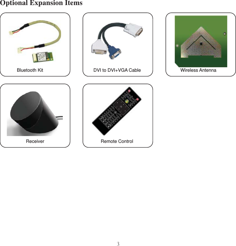 3Optional Expansion ItemsDVI to DVI+VGA CableBluetooth Kit Wireless AntennaReceiver Remote Control