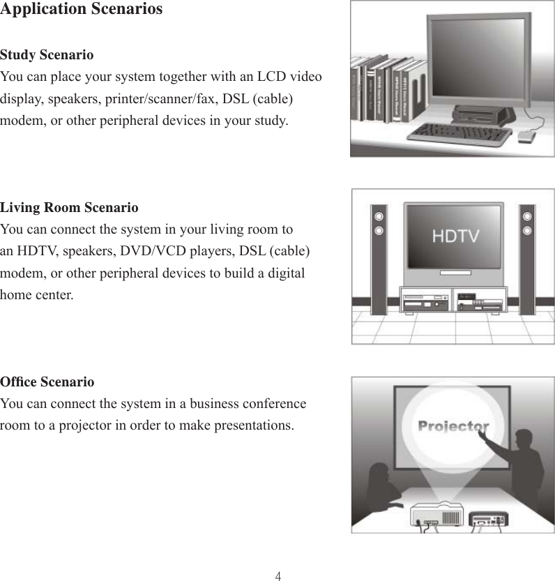 4Application ScenariosStudy ScenarioYou can place your system together with an LCD video display, speakers, printer/scanner/fax, DSL (cable) modem, or other peripheral devices in your study.Living Room ScenarioYou can connect the system in your living room to an HDTV, speakers, DVD/VCD players, DSL (cable) modem, or other peripheral devices to build a digital home center.Ofﬁ ce ScenarioYou can connect the system in a business conference room to a projector in order to make presentations.