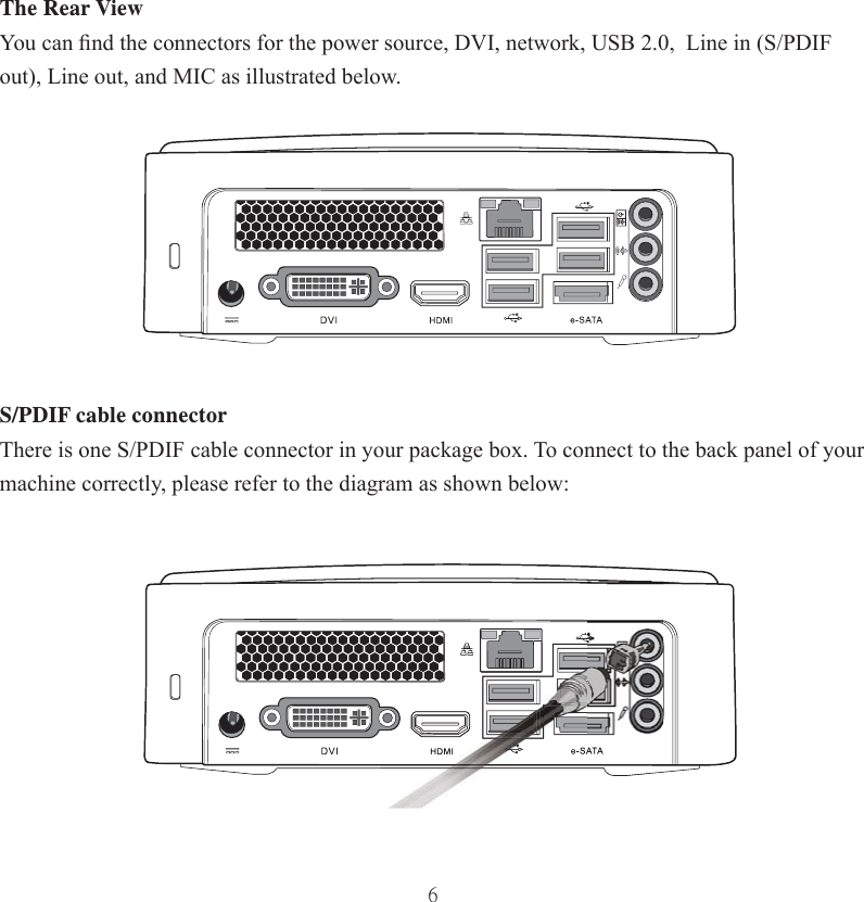 6The Rear ViewYou can ﬁ nd the connectors for the power source, DVI, network, USB 2.0,  Line in (S/PDIF out), Line out, and MIC as illustrated below. S/PDIF cable connectorThere is one S/PDIF cable connector in your package box. To connect to the back panel of your machine correctly, please refer to the diagram as shown below: