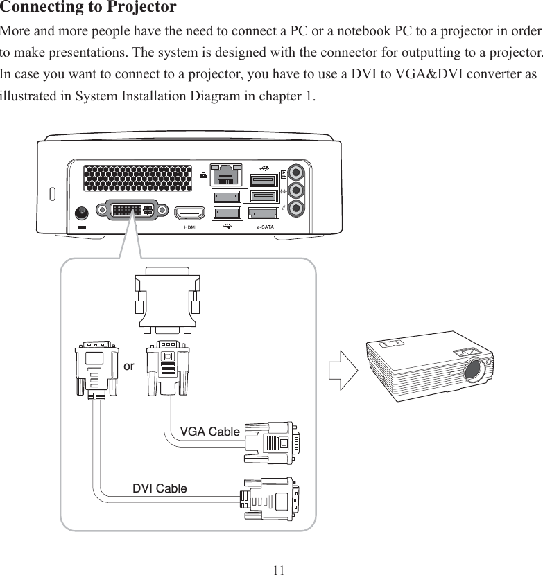 11Connecting to ProjectorMore and more people have the need to connect a PC or a notebook PC to a projector in order to make presentations. The system is designed with the connector for outputting to a projector. In case you want to connect to a projector, you have to use a DVI to VGA&amp;DVI converter as illustrated in System Installation Diagram in chapter 1. orVGA CableDVI Cable