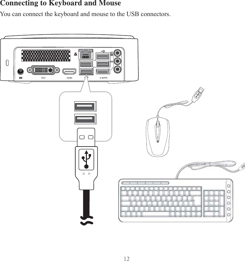 12Connecting to Keyboard and MouseYou can connect the keyboard and mouse to the USB connectors. 