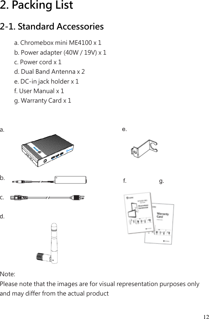 12 2. Packing List 2-1. Standard Accessories a. Chromebox mini ME4100 x 1 b. Power adapter (40W / 19V) x 1 c. Power cord x 1 d. Dual Band Antenna x 2 e. DC-in jack holder x 1 f. User Manual x 1 g. Warranty Card x 1   a.      b.    c.    d.        Note:   Please note that the images are for visual representation purposes only and may differ from the actual product  e.   f.           g. 