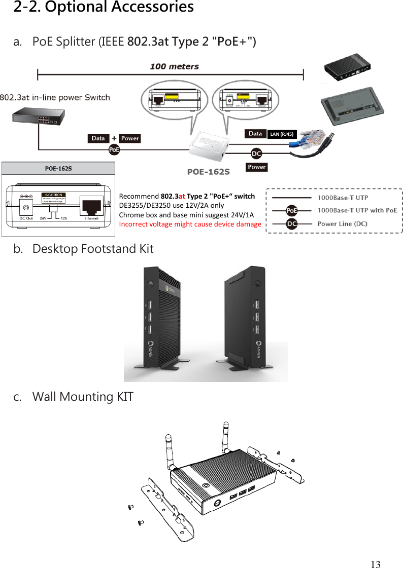 13 Recommend 802.3at Type 2 &quot;PoE+“ switchDE3255/DE3250 use 12V/2A onlyChrome box and base mini suggest 24V/1AIncorrect voltage might cause device damageLAN (RJ45)2-2. Optional Accessories  a. PoE Splitter (IEEE 802.3at Type 2 &quot;PoE+&quot;)              b. Desktop Footstand Kit         c. Wall Mounting KIT  