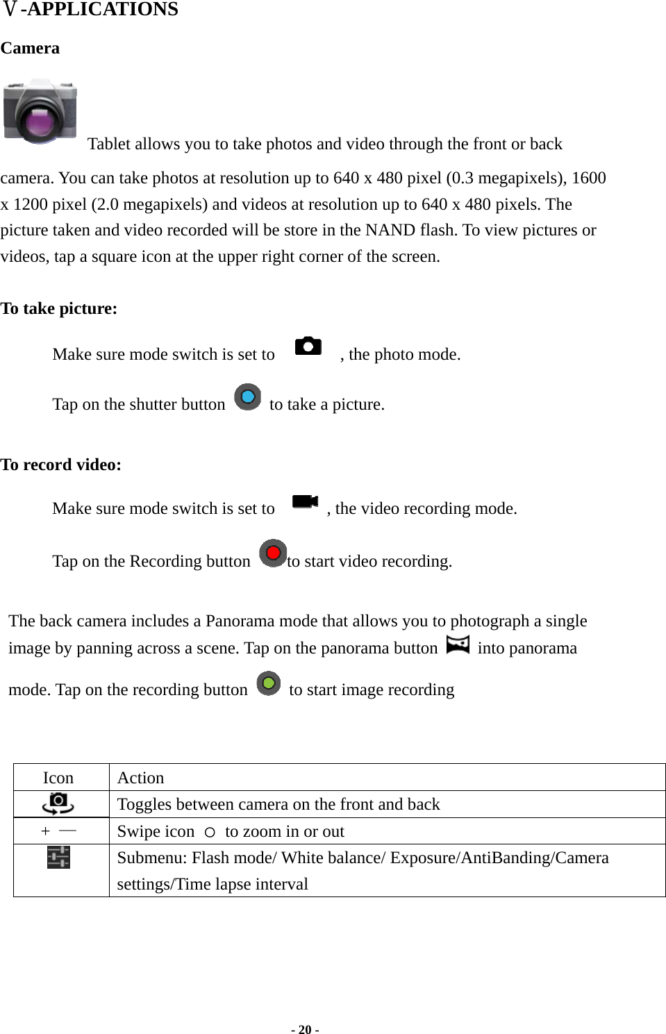  - 20 -  Ⅴ-APPLICATIONS Camera     Tablet allows you to take photos and video through the front or back camera. You can take photos at resolution up to 640 x 480 pixel (0.3 megapixels), 1600 x 1200 pixel (2.0 megapixels) and videos at resolution up to 640 x 480 pixels. The picture taken and video recorded will be store in the NAND flash. To view pictures or videos, tap a square icon at the upper right corner of the screen.      To take picture: Make sure mode switch is set to      , the photo mode. Tap on the shutter button    to take a picture.  To record video: Make sure mode switch is set to      , the video recording mode. Tap on the Recording button  to start video recording.  The back camera includes a Panorama mode that allows you to photograph a single image by panning across a scene. Tap on the panorama button   into panorama mode. Tap on the recording button    to start image recording   Icon Action  Toggles between camera on the front and back +  — Swipe icon ○  to zoom in or out      Submenu: Flash mode/ White balance/ Exposure/AntiBanding/Camera settings/Time lapse interval      