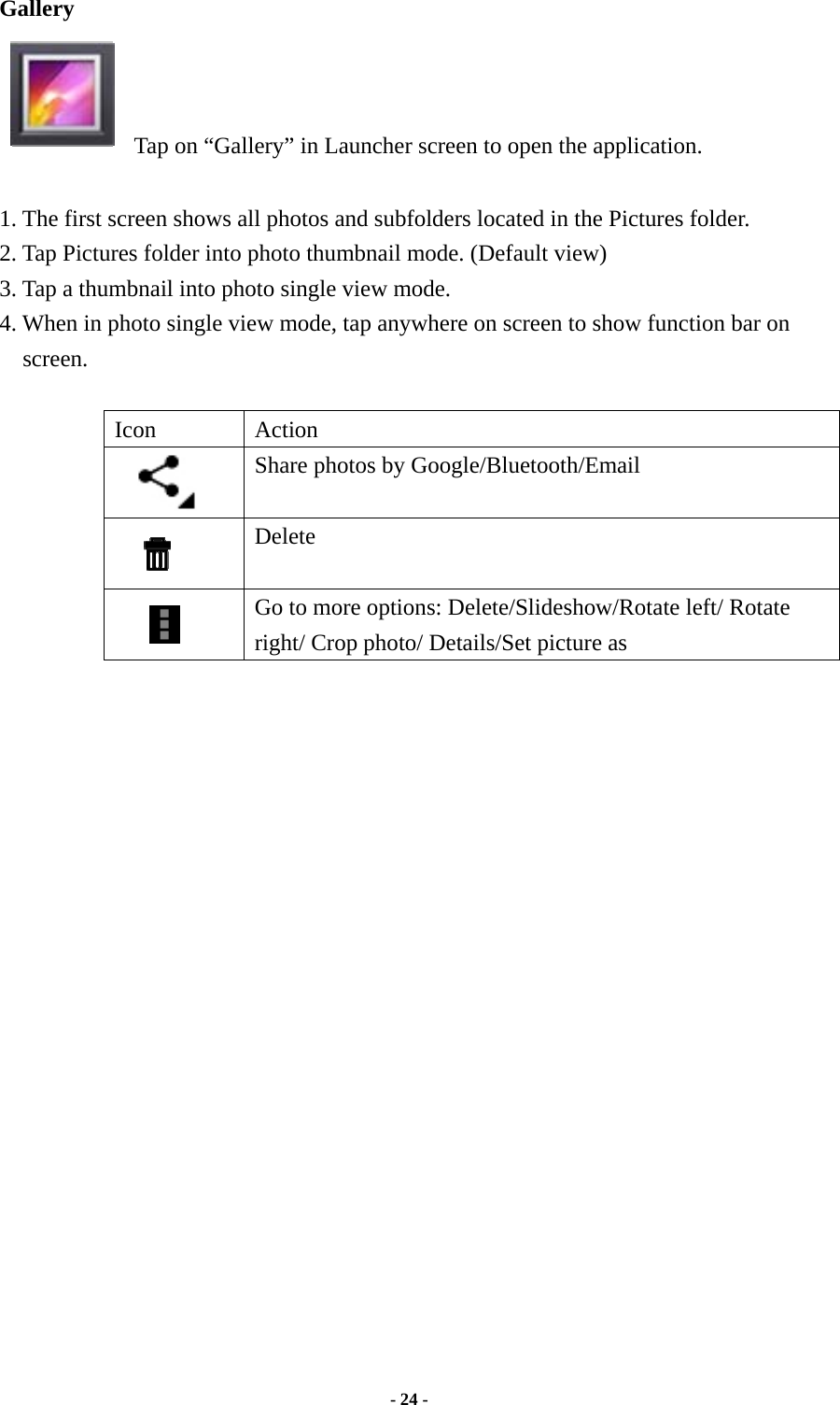  - 24 -  Gallery   Tap on “Gallery” in Launcher screen to open the application.  1. The first screen shows all photos and subfolders located in the Pictures folder. 2. Tap Pictures folder into photo thumbnail mode. (Default view) 3. Tap a thumbnail into photo single view mode.   4. When in photo single view mode, tap anywhere on screen to show function bar on screen.    Icon Action  Share photos by Google/Bluetooth/Email  Delete  Go to more options: Delete/Slideshow/Rotate left/ Rotate right/ Crop photo/ Details/Set picture as                          