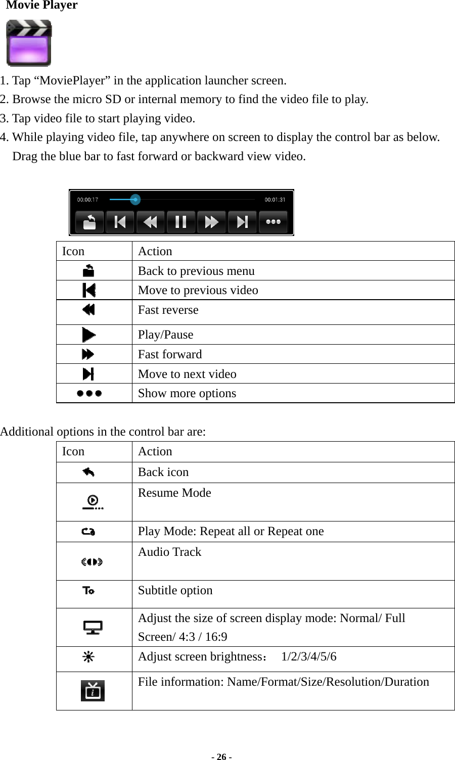  - 26 -  Movie Player  1. Tap “MoviePlayer” in the application launcher screen.   2. Browse the micro SD or internal memory to find the video file to play.   3. Tap video file to start playing video. 4. While playing video file, tap anywhere on screen to display the control bar as below. Drag the blue bar to fast forward or backward view video.                          Icon Action  Back to previous menu  Move to previous video  Fast reverse  Play/Pause  Fast forward  Move to next video  Show more options  Additional options in the control bar are: Icon Action  Back icon  Resume Mode    Play Mode: Repeat all or Repeat one  Audio Track  Subtitle option    Adjust the size of screen display mode: Normal/ Full Screen/ 4:3 / 16:9    Adjust screen brightness： 1/2/3/4/5/6  File information: Name/Format/Size/Resolution/Duration   