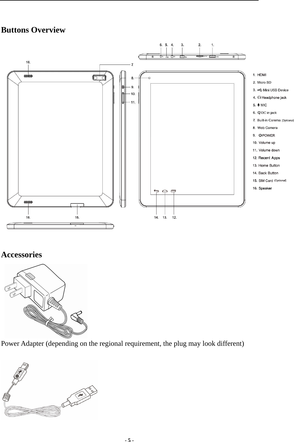  - 5 -  Buttons Overview   Accessories     Power Adapter (depending on the regional requirement, the plug may look different)    