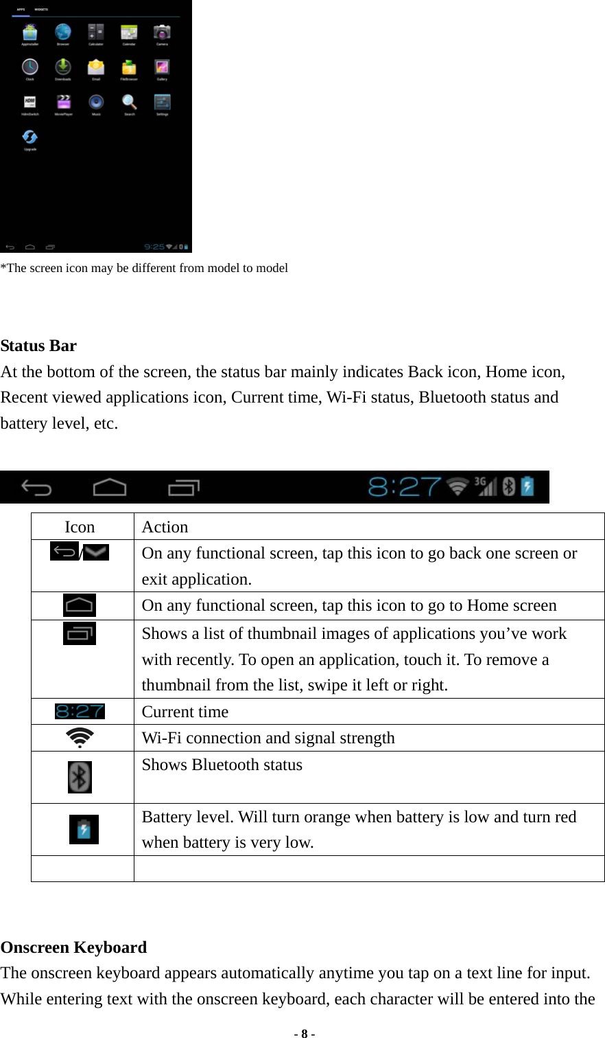    - 8 -   *The screen icon may be different from model to model    Status Bar At the bottom of the screen, the status bar mainly indicates Back icon, Home icon, Recent viewed applications icon, Current time, Wi-Fi status, Bluetooth status and battery level, etc.   Icon Action /   On any functional screen, tap this icon to go back one screen or exit application.  On any functional screen, tap this icon to go to Home screen  Shows a list of thumbnail images of applications you’ve work with recently. To open an application, touch it. To remove a thumbnail from the list, swipe it left or right.  Current time  Wi-Fi connection and signal strength  Shows Bluetooth status     Battery level. Will turn orange when battery is low and turn red when battery is very low.     Onscreen Keyboard The onscreen keyboard appears automatically anytime you tap on a text line for input. While entering text with the onscreen keyboard, each character will be entered into the 